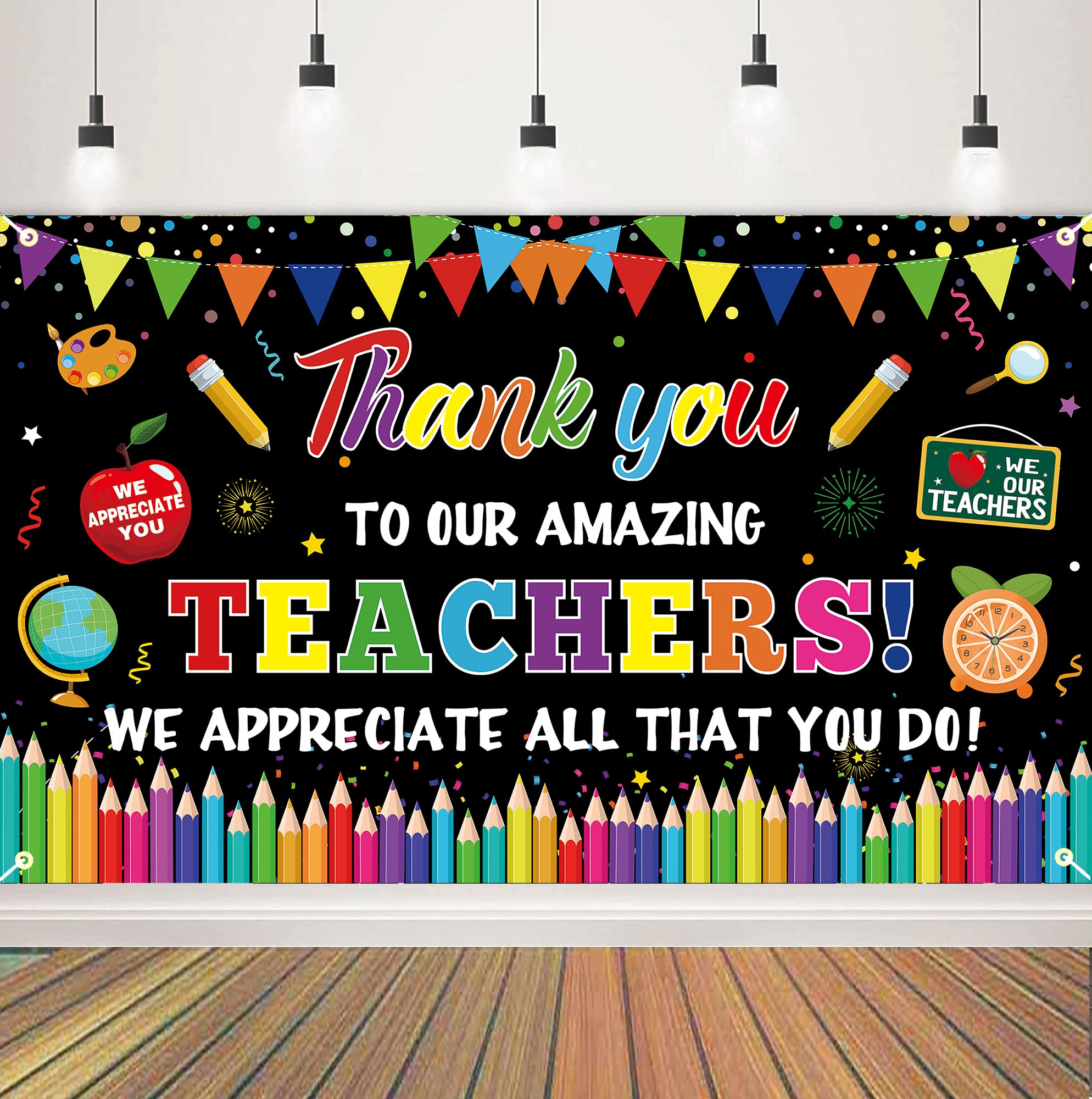 Photo 1 of ?Thank You Teachers Backdrop Large Size Thank You Teachers Banner for Teacher Appreciation Week Decorations School Classroom Office Decor Supplies