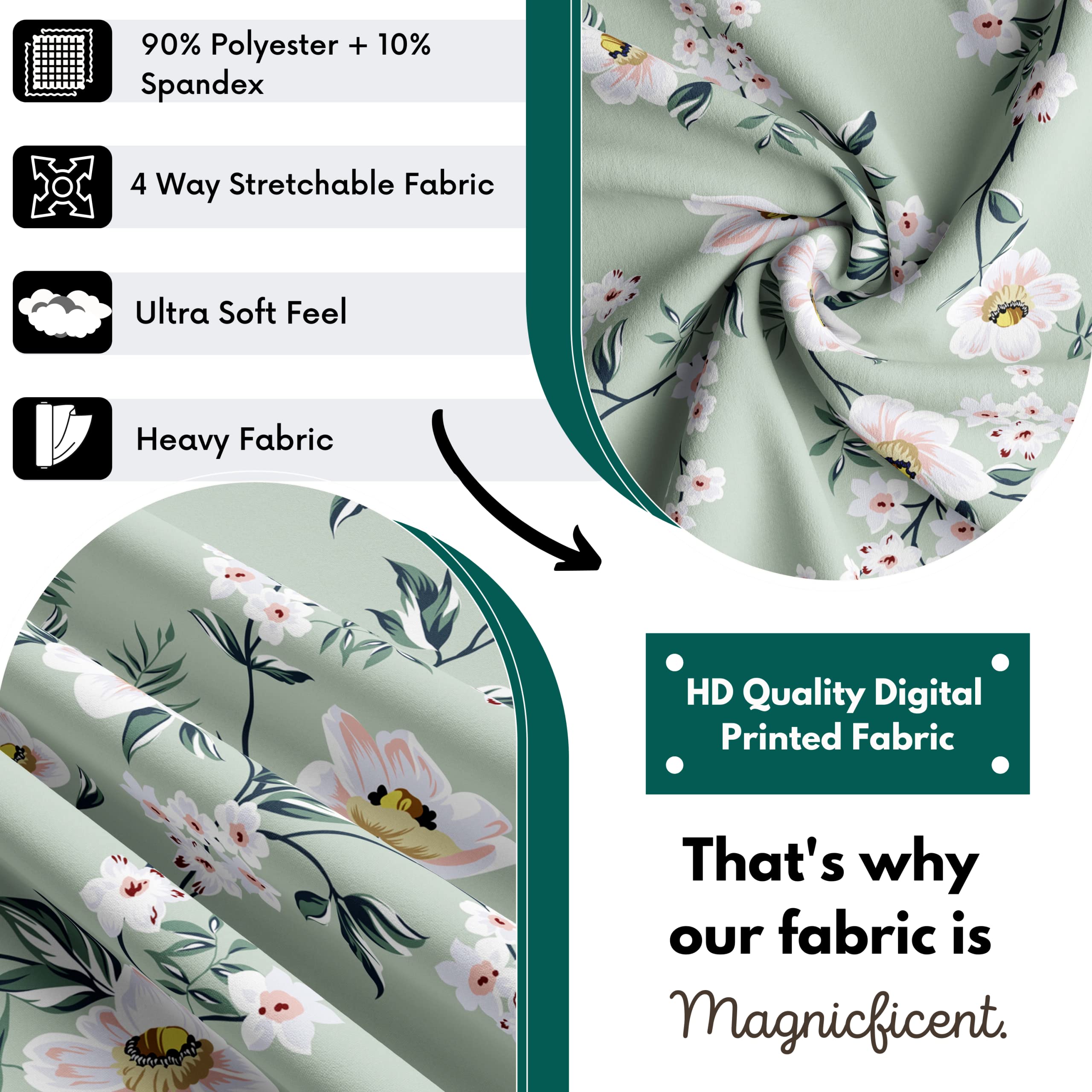 BRIDA Polyester Stretchable Floral Printed Dining Chair Slipcover, Set of 4, Green Flowers 2
