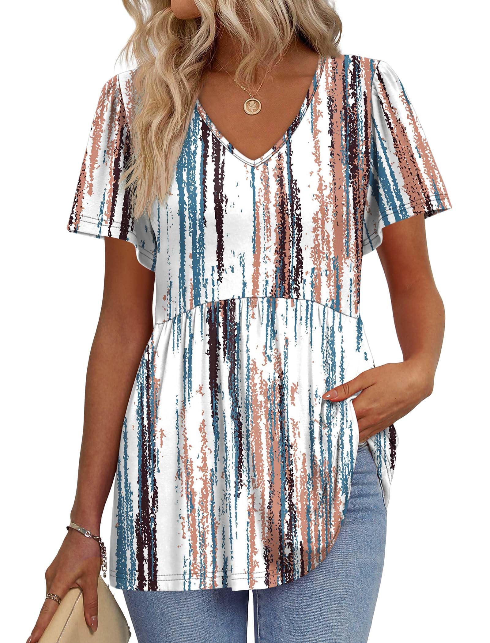 OFEEFAN Womens Summer Tops Babydoll Short Sleeve Shirts Puff Sleeve Peplum Tops V Neck T Shirts