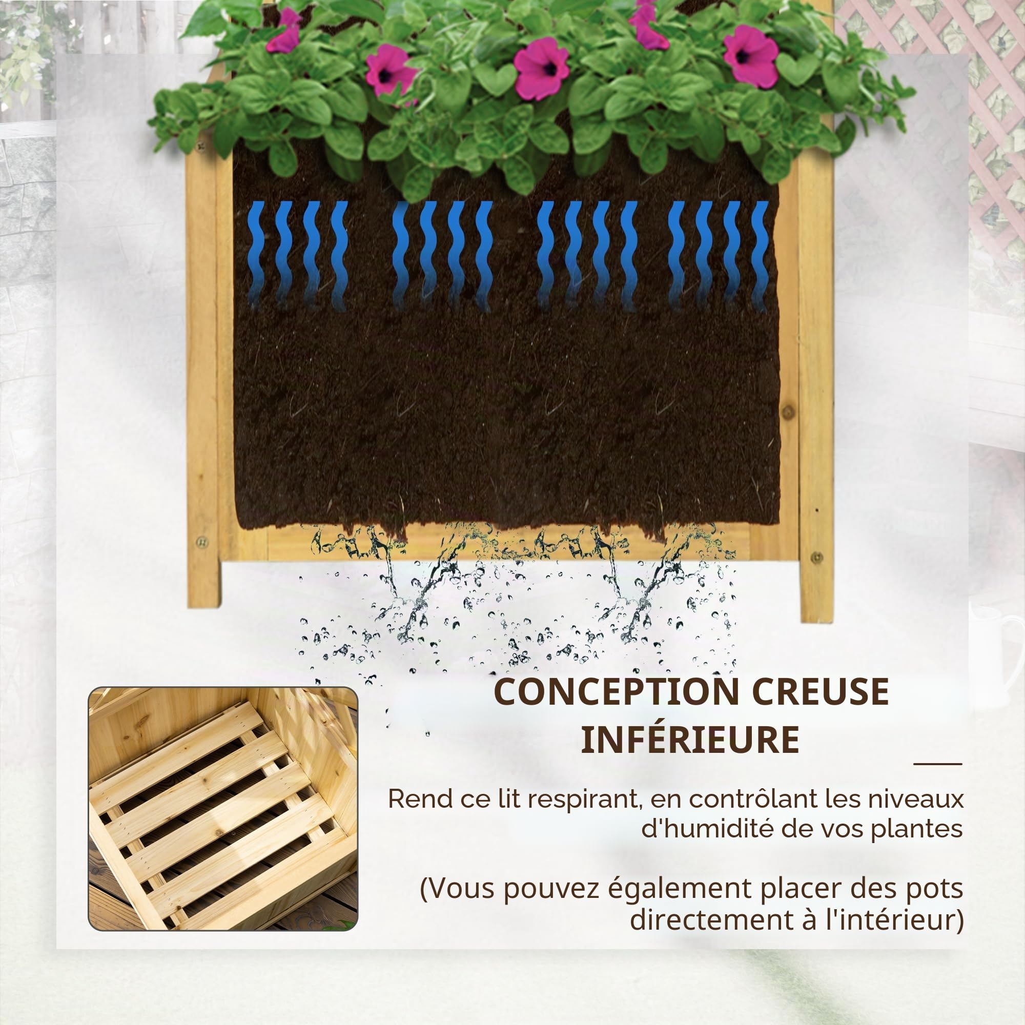 Outsunny Lit de Jardin surélevé en Bois avec Treillis, Naturel | Boîte de coin autoportante de 57", pour plantes grimpantes, fleurs, grimpe et plantation