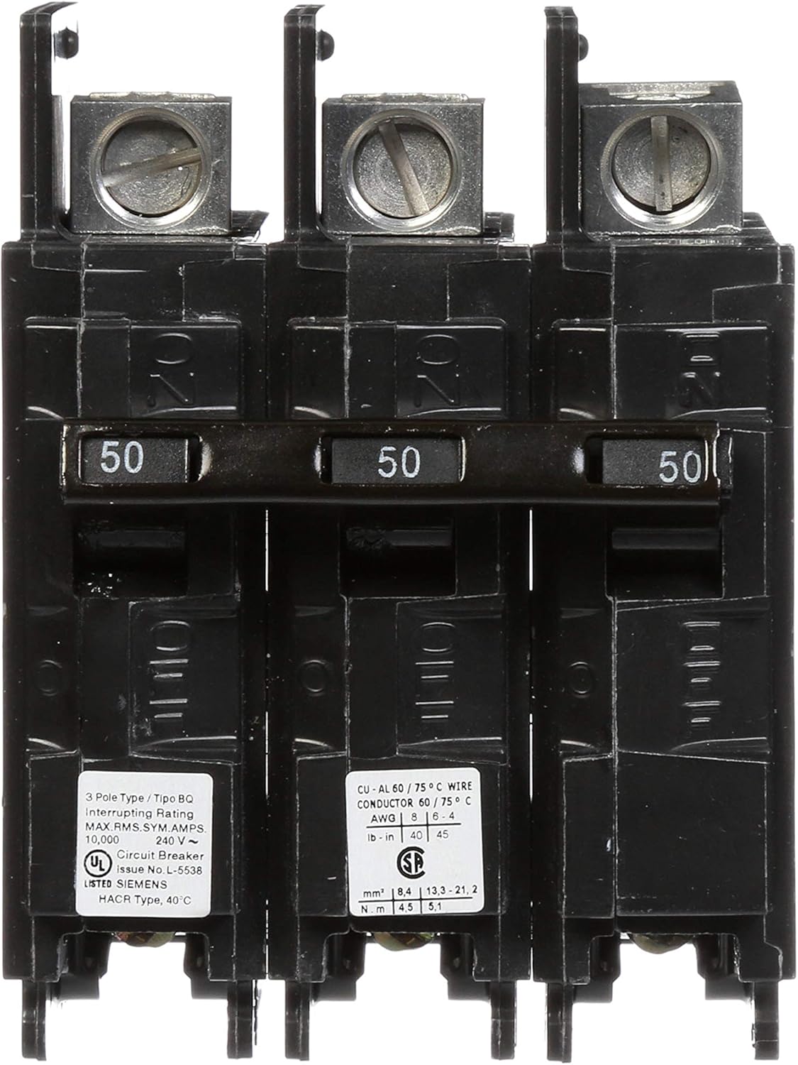Siemens BQ3B050L 50-Amp Three Pole 240-Volt 10KAIC Lug In/Lug Out Breaker