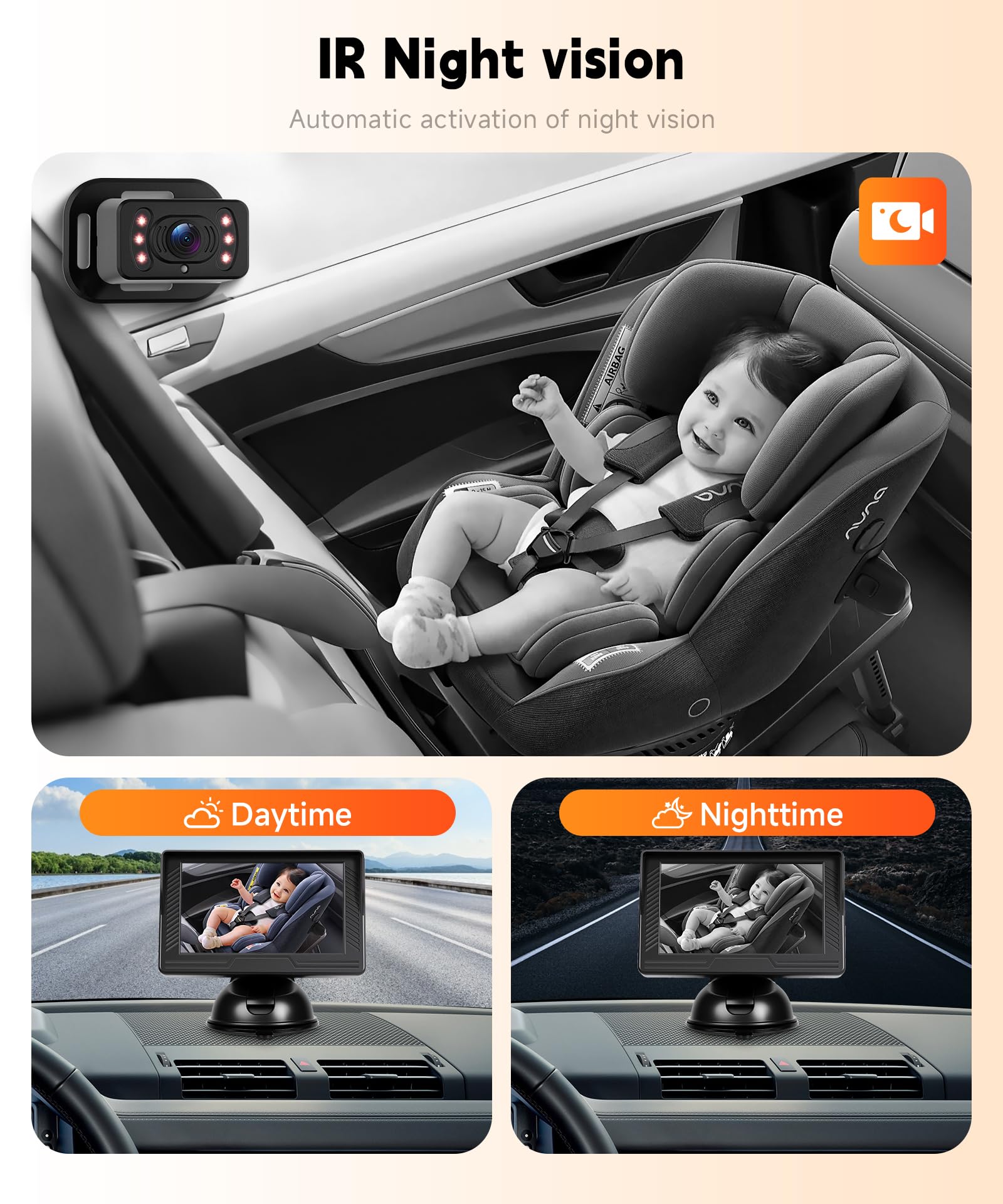 Rimoody Baby Car Camera for Backseat 4.3'' HD Display Baby Car Mirror with Night Vision Feature, Wide View Angle - Image 4