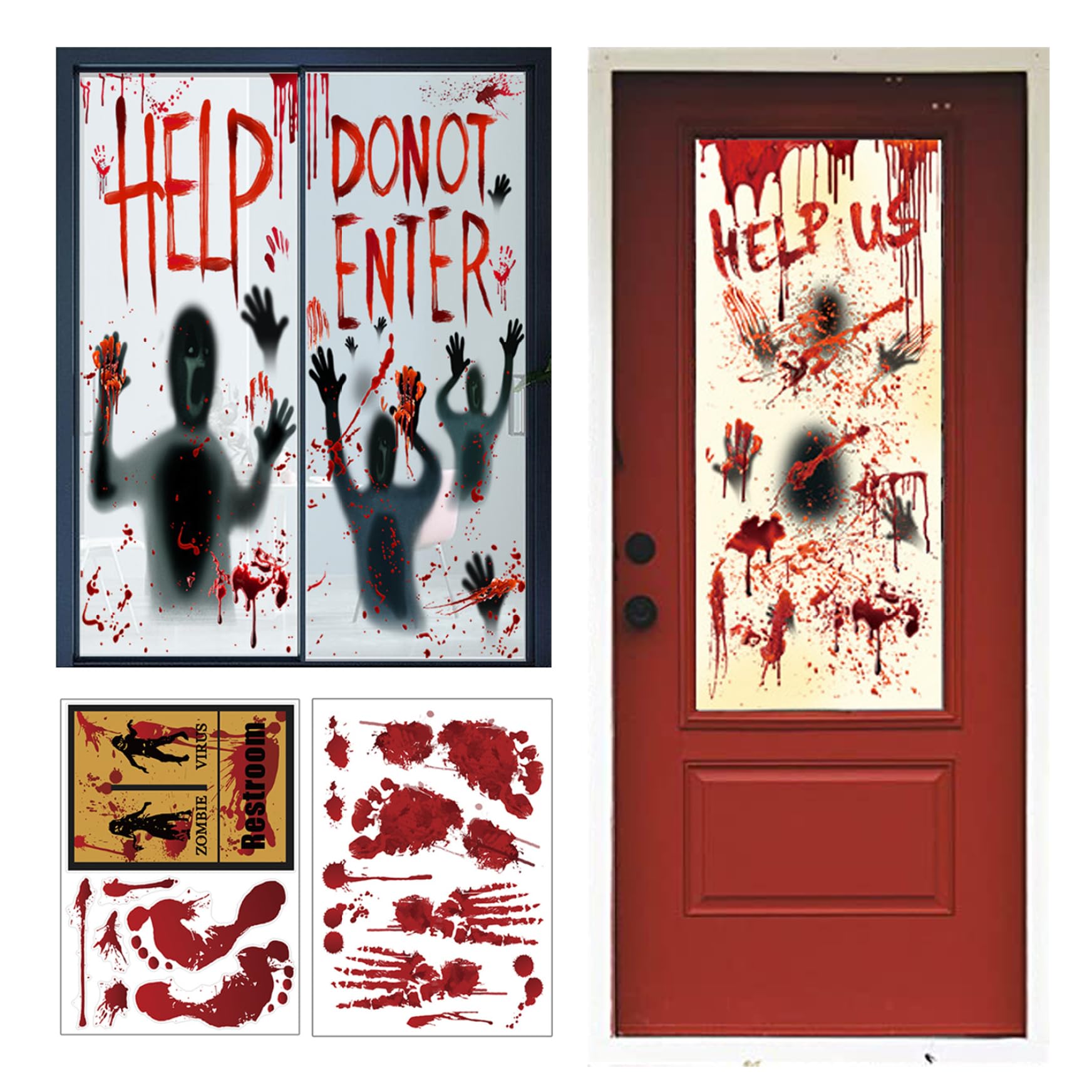 Pesoncarl Halloween Window Stickers 5PCS/Set Halloween Window Clings Scary Decoration with Door Decal and Bloody Handprint Footprint Stickers for Party Decorations, Creepy