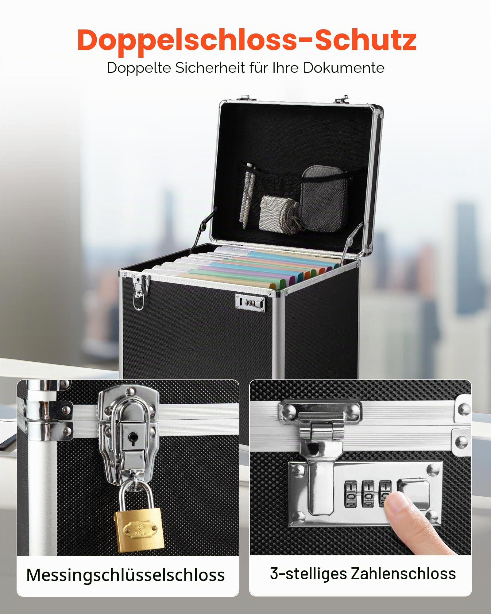 VEVOR Aktenaufbewahrungsbox, 396,2x320x381 mm Innenmaß, abschließbarer mobiler Businesskoffer mit Teleskopgriff, Aktenkoffer mit Handauszug für Büro, Zuhause, Büros, Krankenhäuser, Banken