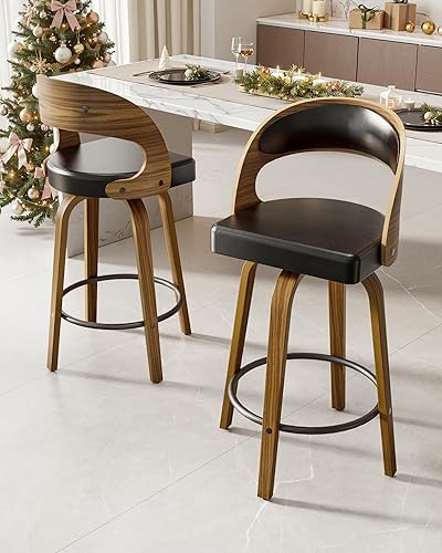SUNCOZE Juego de 2 taburetes de bar de 26 pulgadas de altura de mostrador con respaldo, modernos taburetes de bar giratorios con asiento de piel