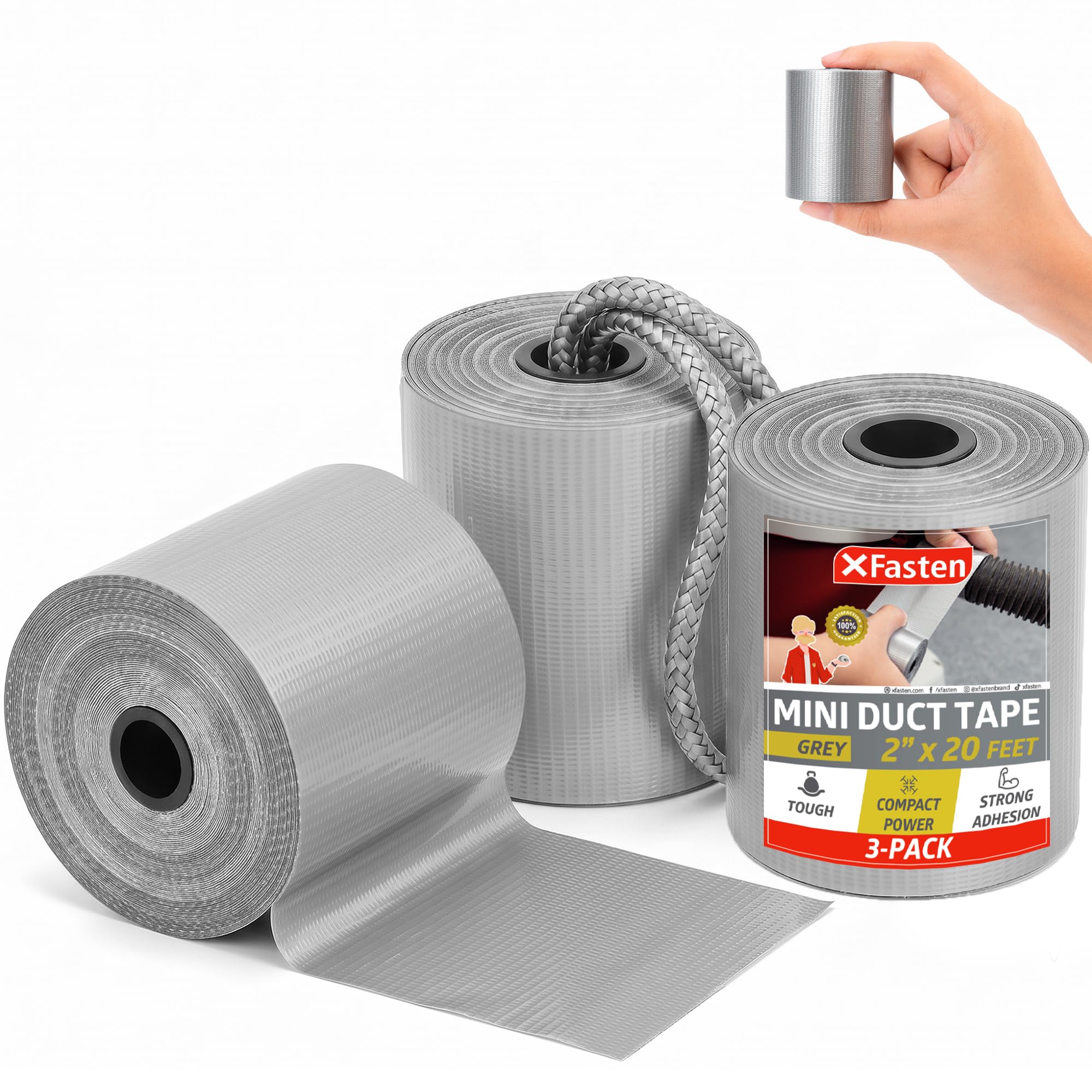 XFasten Mini Duct Tape Roll with Woven Cord Rope, Compact 3-Pack (2-Inch x 60 Feet Total) 11mils Heavy-duty, Waterproof Travel Duct Tape Mini EDC Gear for Outdoor Camping Emergency Repair, Silver/Gray