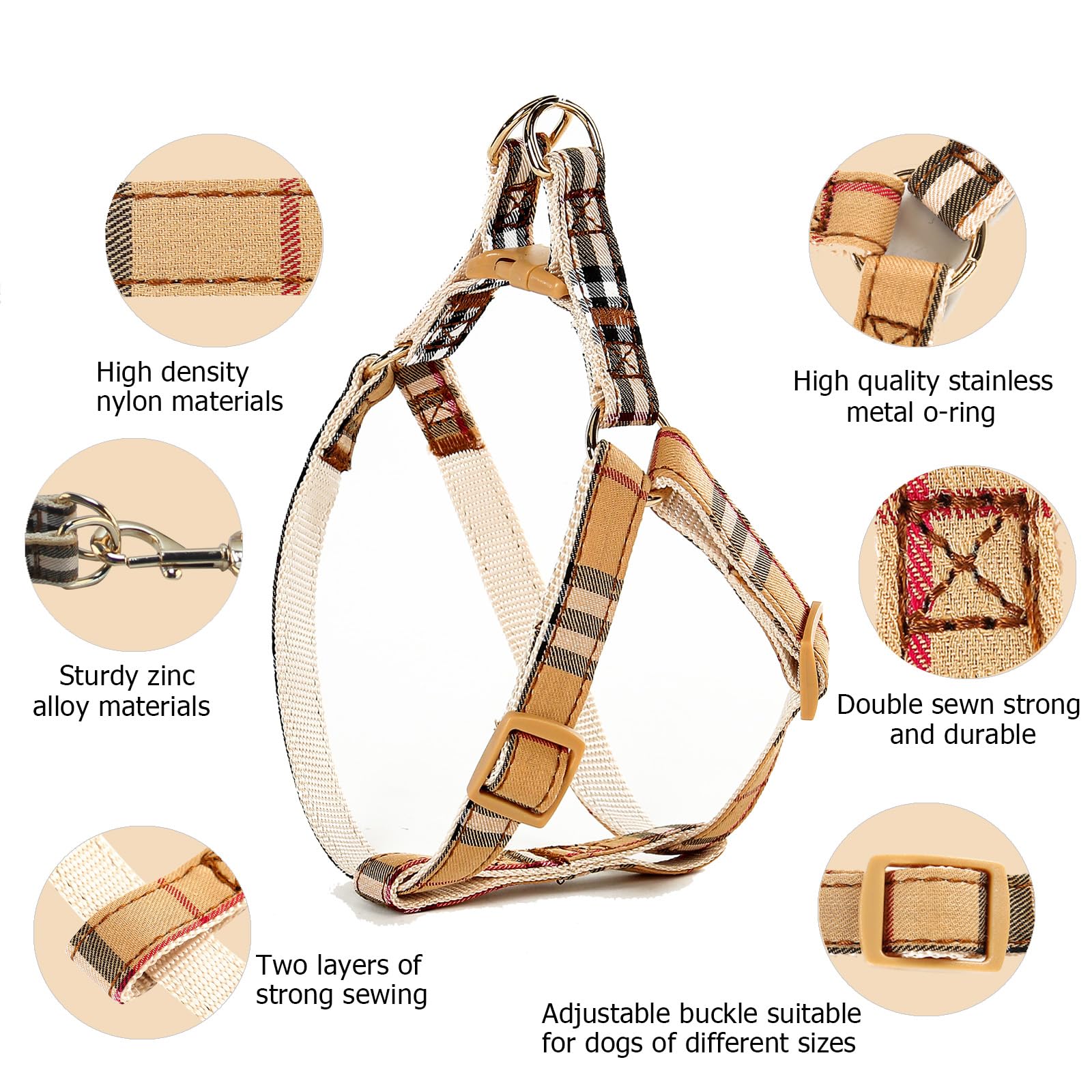 Cute Plaid Dog Collar Harness and Leash with Safety Buckle - Adjustable and No Pull Comfortable Dog Collars for Small Puppy, Stylish Durable Gift for Boy Girl Pets