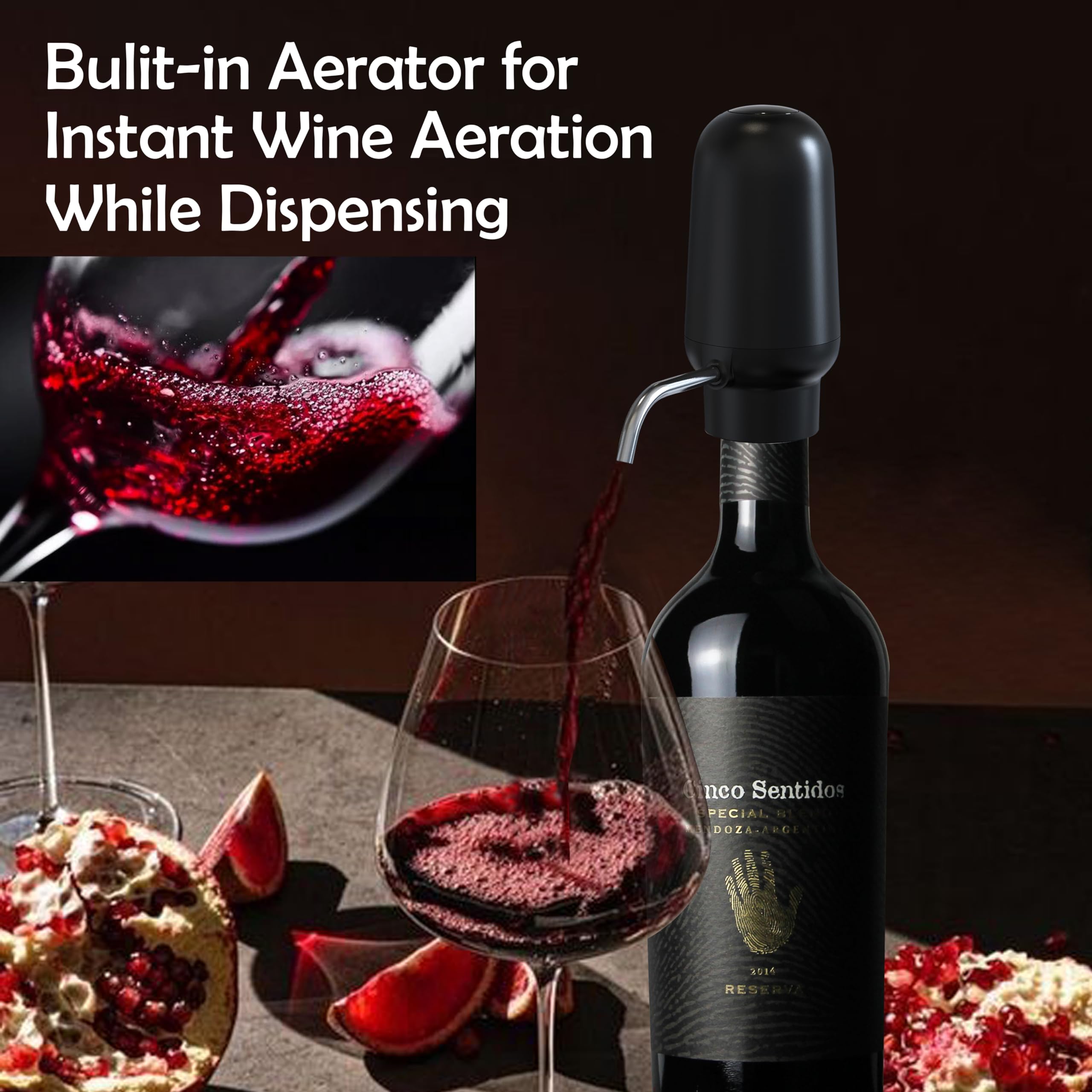 Dispensador de vino aireador de vino eléctrico recargable con puerto USB-C, sirve 30 botellas más por carga, mejora el sabor al instante, 100% seguro para alimentos, regalo de vino 2