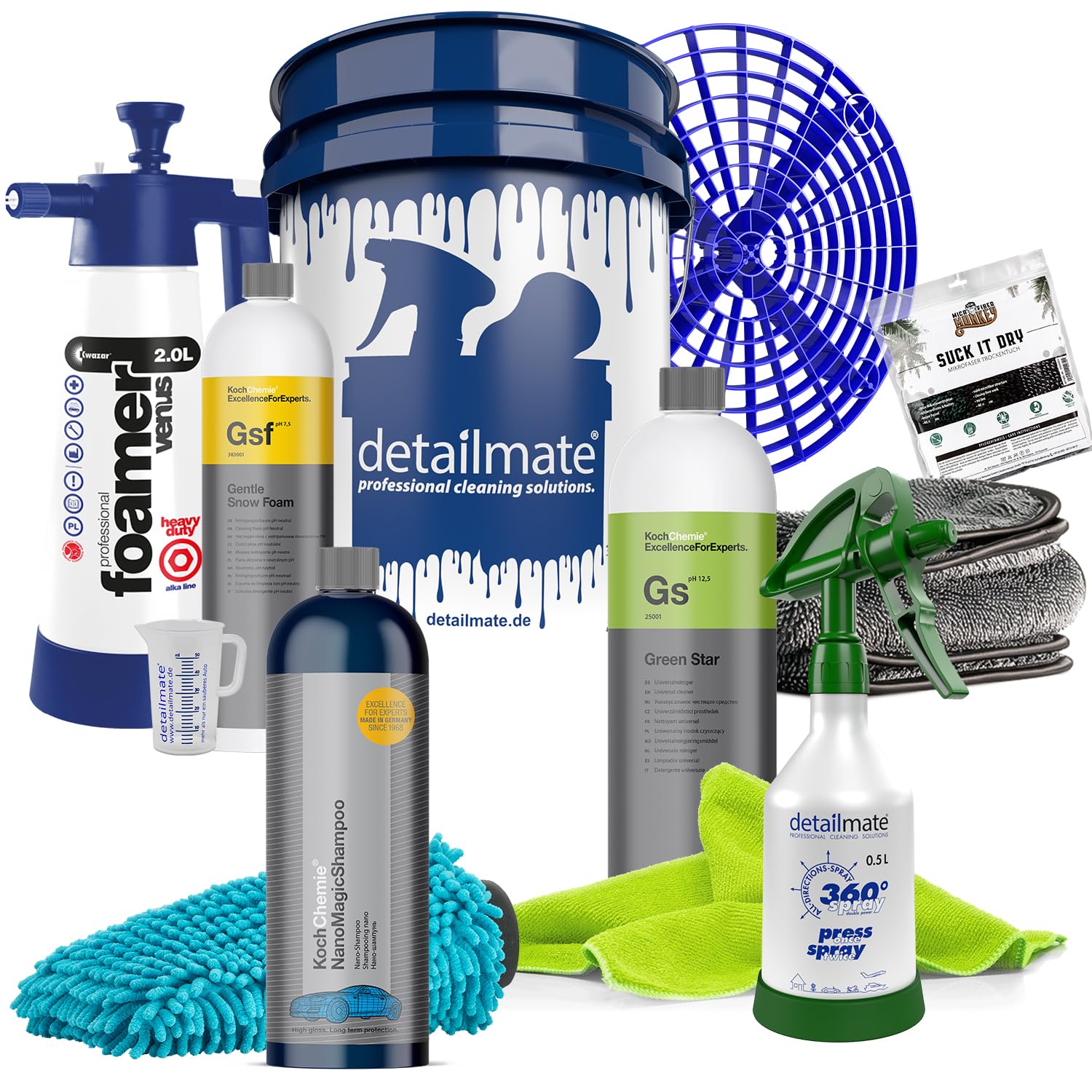 Detailmate, Set di biancheria auto con pulitore inserto Kwazar Foamer Alkaline, Koch Chemie Gentle Snow Foam, Nano Magic Shampoo, Green Star, flacone spray, guanto, panno in microfibra, panno asciutto