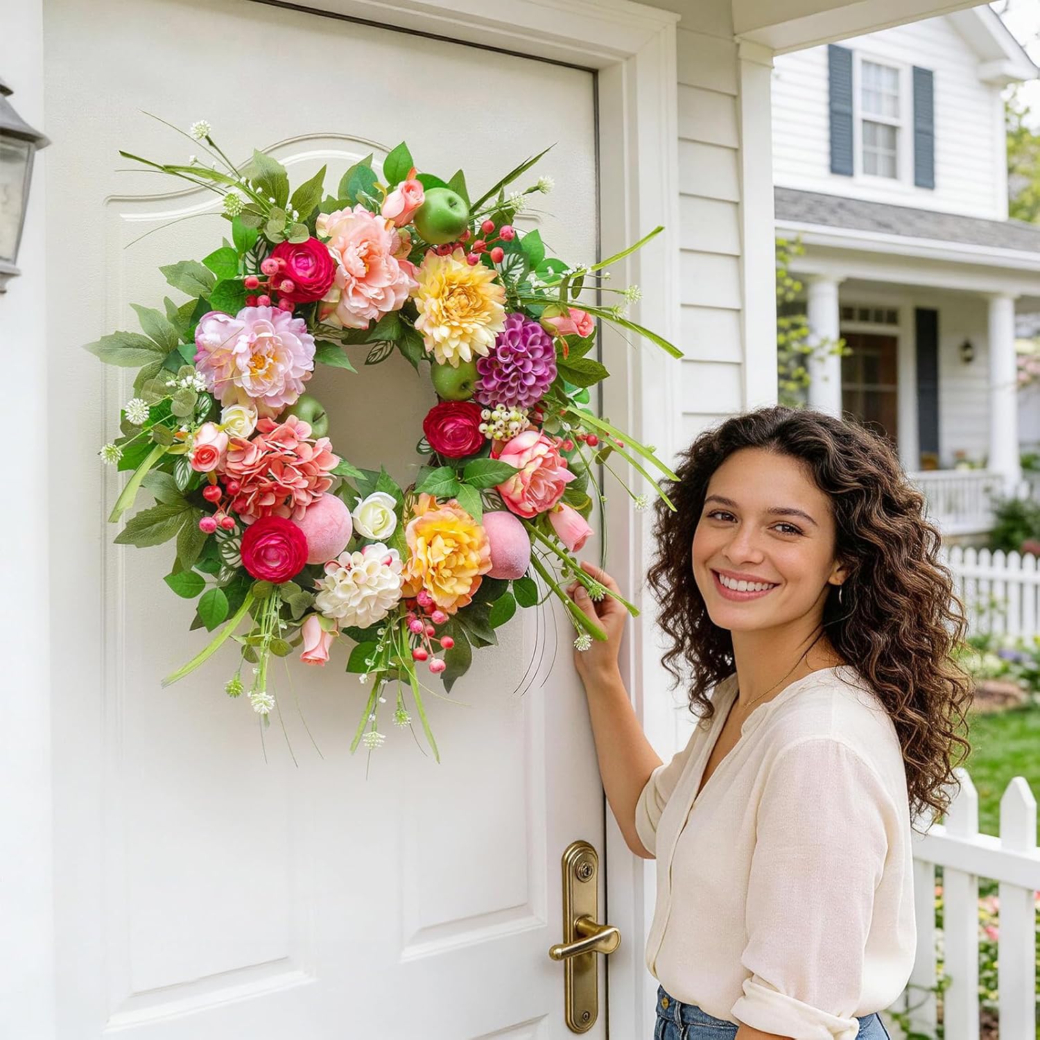 Spring Wreaths for Front Door 24 Inch Lush Summer Flower Wreath with Peonies, Dahlias, Roses, Pink Hydrangeas & Realistic Fruit Accents, Unique Spring Door Wreath for Porch & Entryway Decor