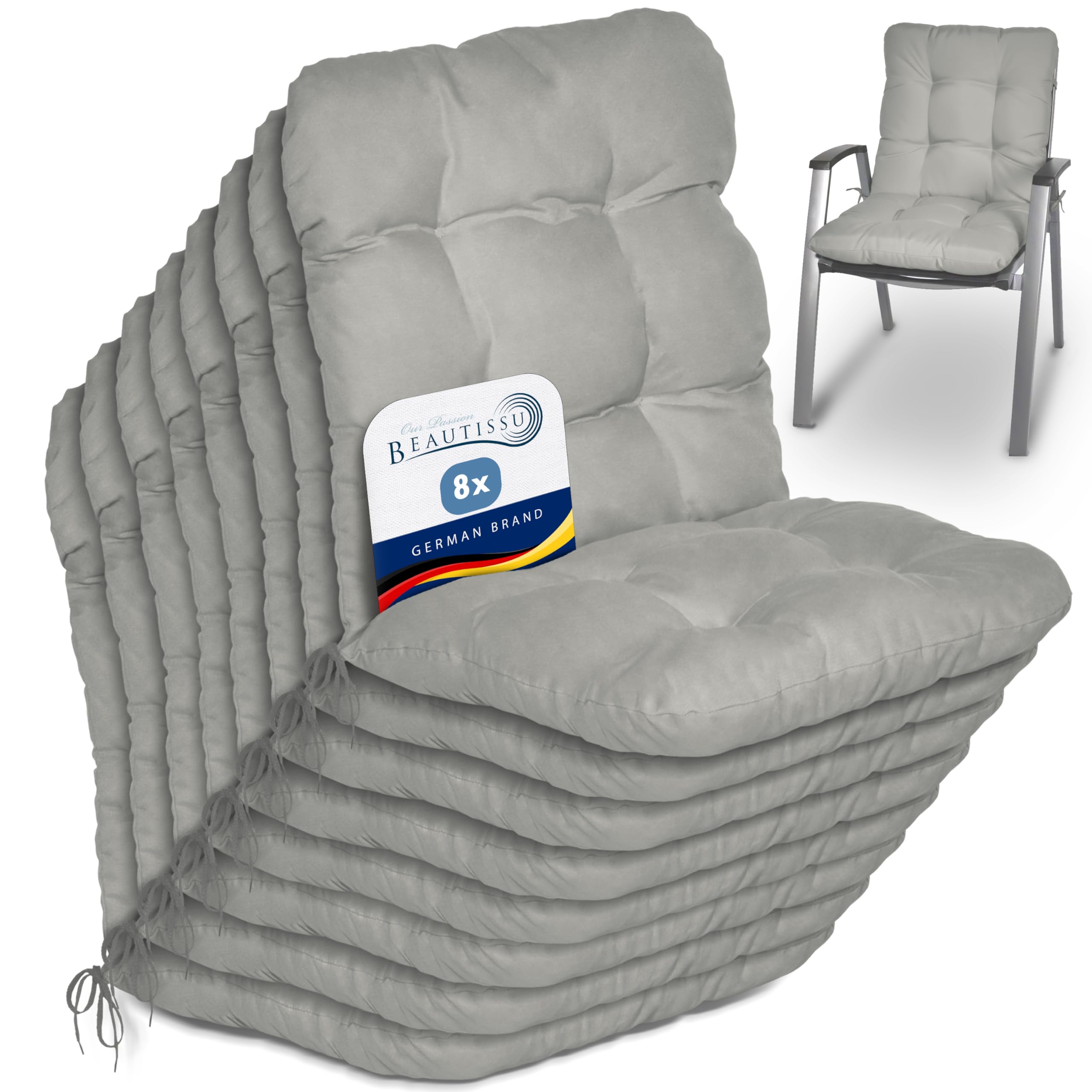Beautissu Set of 8 Lowback Garden Chair Cushions Set 100x50x8 cm - Light Grey Outdoor Seat Cushions for Garden Chairs with Backs Pillows for Recliner Patio Sunbed Bench - Flair NL