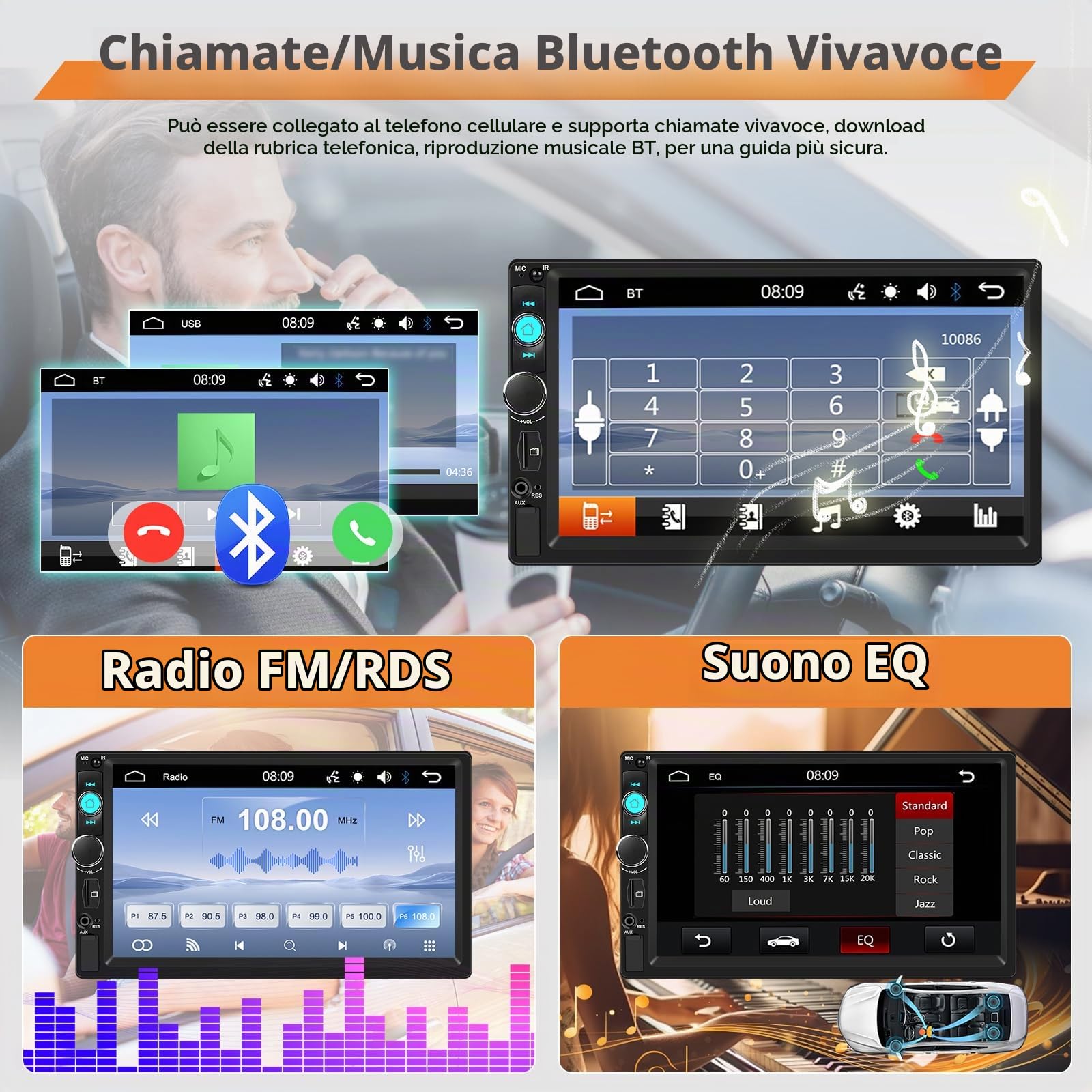 Autoradio 2 Din con Bluetooth, 7 Pollici Mirror Link Stereo Auto con Schermo USB FM Radio AUX TF Controllo del Volante Collegamento Mirror per Telefono Android/iOS + Telecamera Posteriore