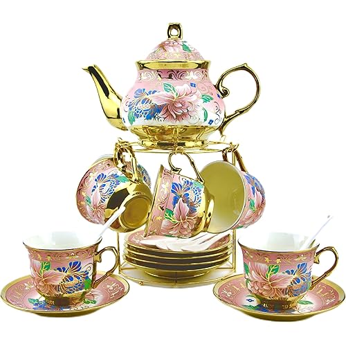 20 Pieces Porcelain Tea Set With Metal Holder, European Ceramic tea set for adults,Flower Tea Set,Tea Set For Women With Flower Painting (Large version, Pink)