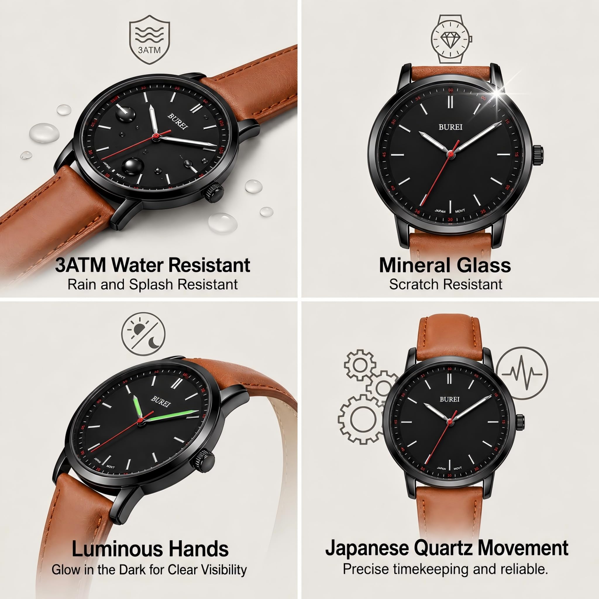 BUREI Orologio da uomo alla moda, minimalista, in pelle, classico, analogico, al quarzo, impermeabile, regalo per uomo