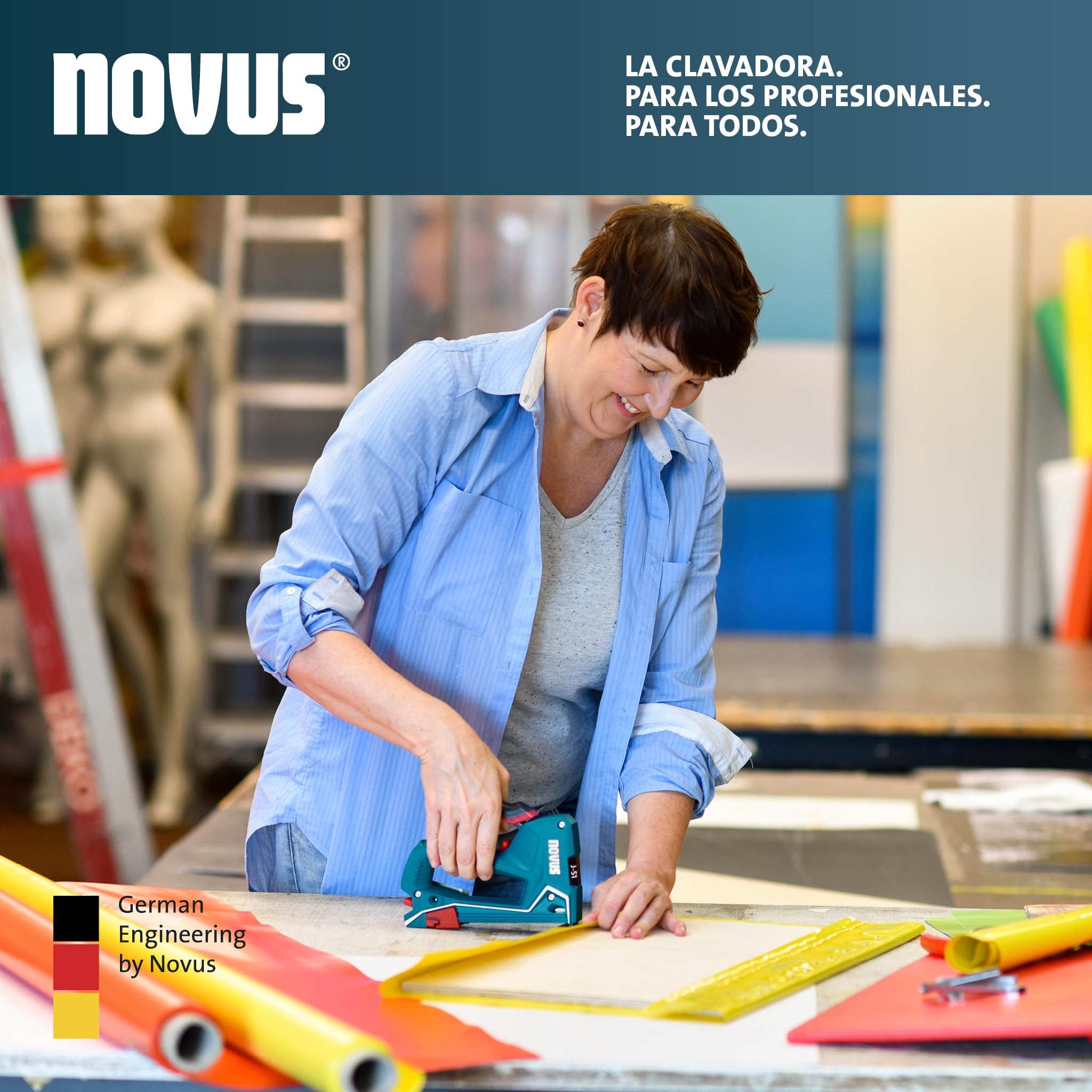 NOVUS TOOLS Grapadora manual J-51 con 1200 grapas, grapadora profesional para madera con carcasa de aluminio, ajuste de fuerza de impacto, tope de distancia para grapas de alambre plano de 6 – 14 mm