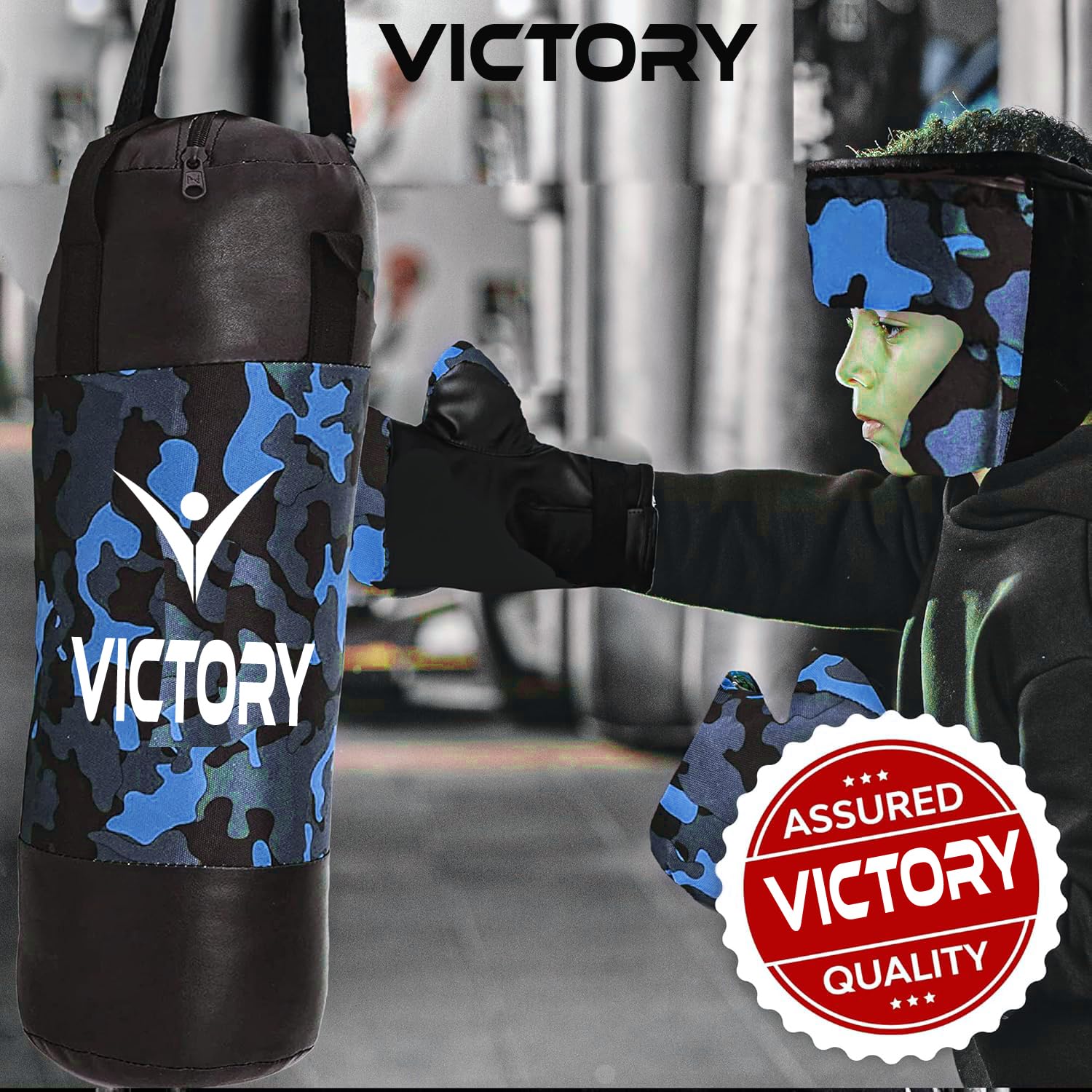 VICTORY Boxing Kit for Kids| Pack of 4 (Boxing Gloves, Head Guard & Filled Punching Bag) | Boxing Training Punching Bag for Boys & Girls | 2