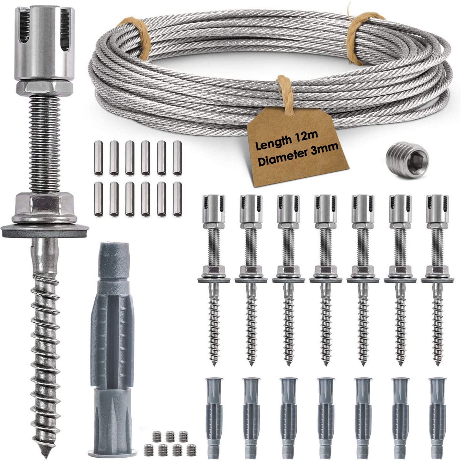 Soporte para Plantas trepadoras, 12 m Cuerda de Acero Inoxidable para Colgar Kit con 3 mm Cable Inoxidable y 8 tensores, para jardín, Pared de hormigón, Valla Cable/Madera Maciza (12m