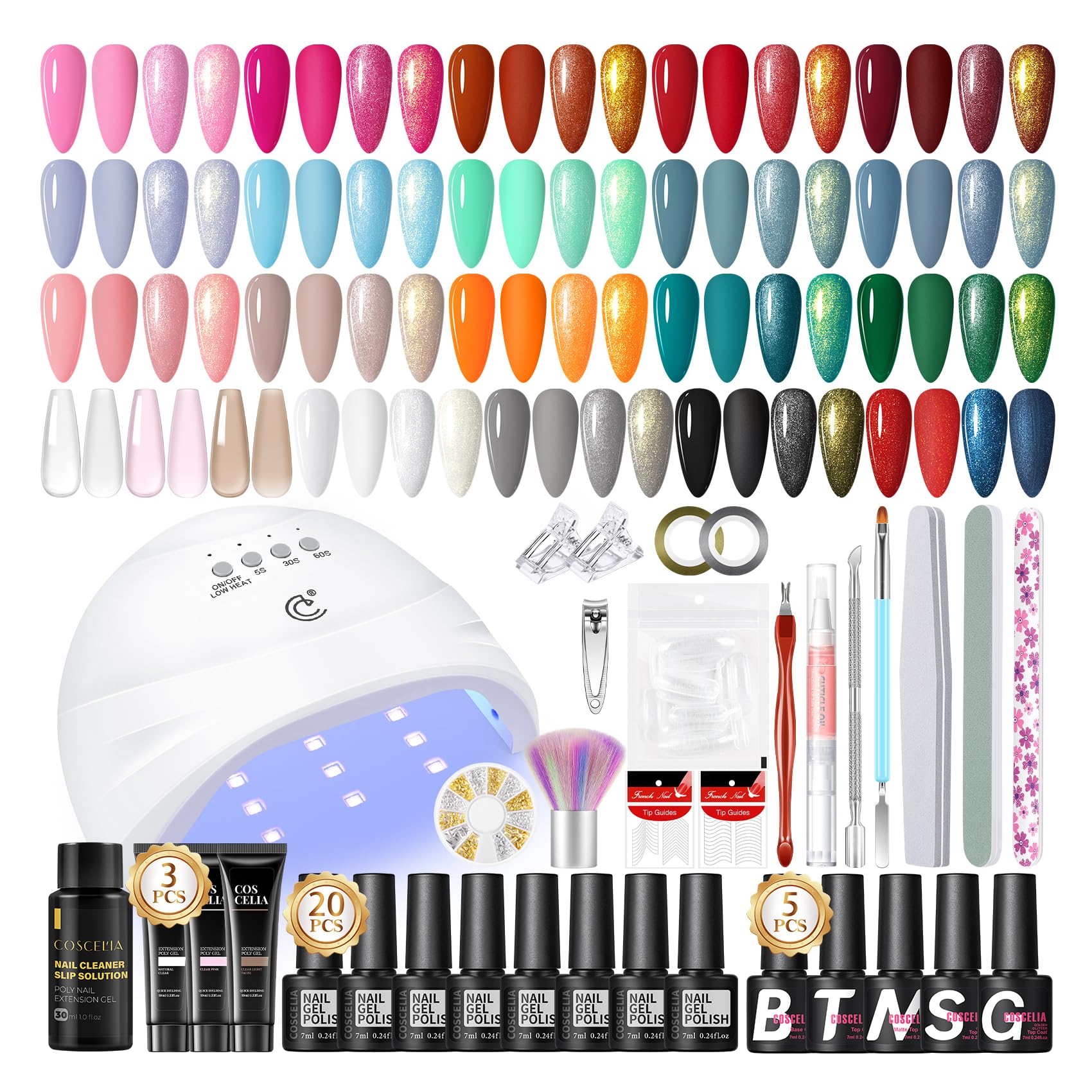 COSCELIA Kit Uñas Semipermanentes, 25PCS Esmaltes Semipermanentes Rojo Claro Lechoso Blanco Rosa Base Top Mate Top Coat 3 PCS Gel Extensión de Uñas con Lampara, Kit Manicura Semipermanente