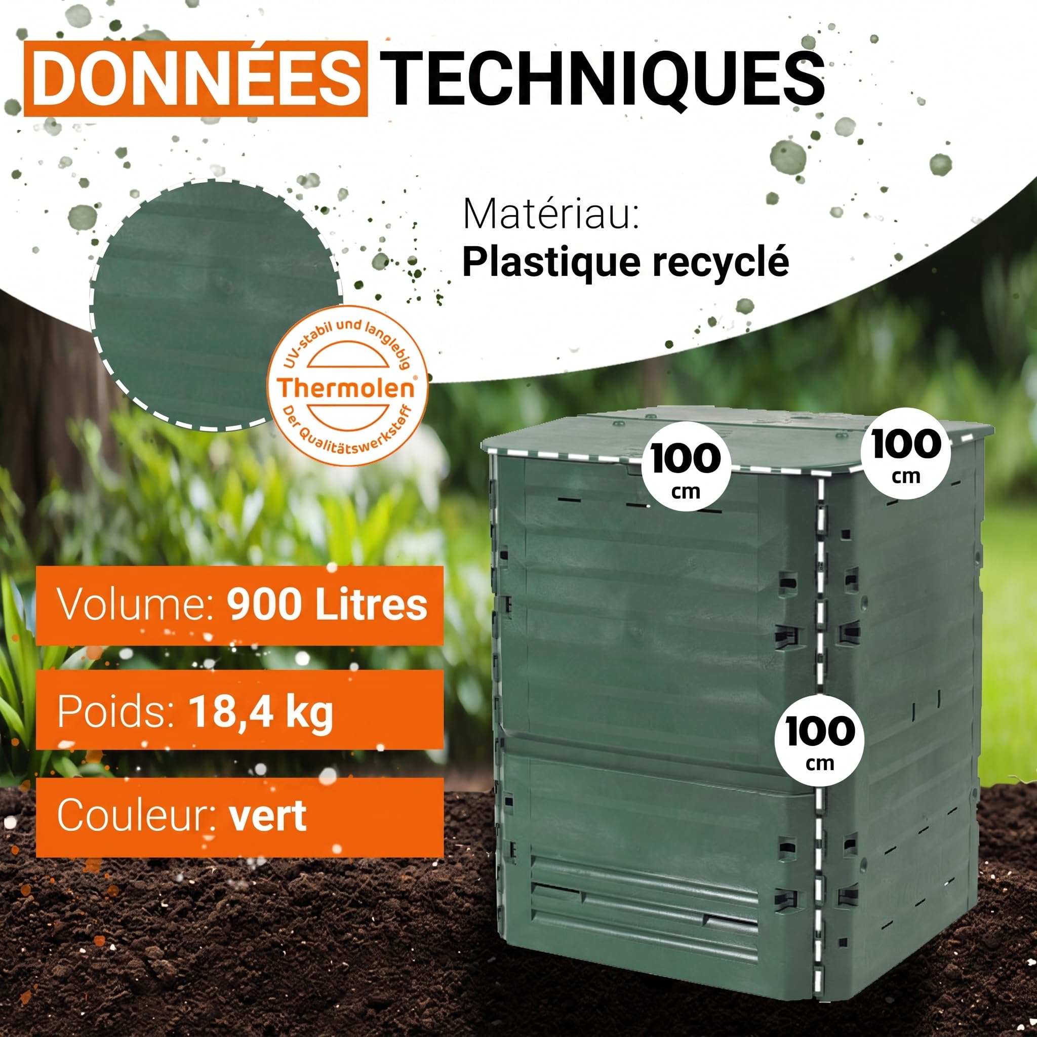 GARANTIA Thermo-King Composteur de Jardin 900L Vert – Bac à Compost extérieur Robuste – Composteur Grande capacité pour déchets organiques – Bacs à Compost Pratiques pour Potager et Jardin