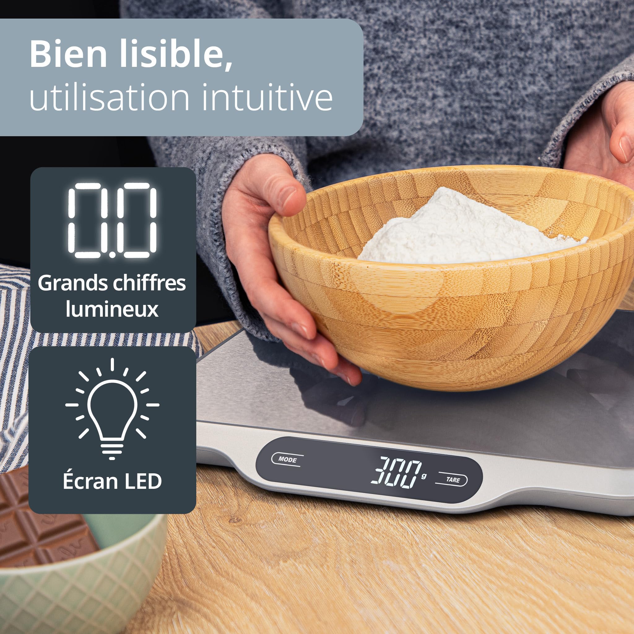 ADE Grande balance de cuisine électronique à grande surface en acier inoxydable pour une pesée précise jusqu'à 15 kg. Fonction tare (tare), maintien automatique. Incl. batterie. Argent | KE1601 Ladina