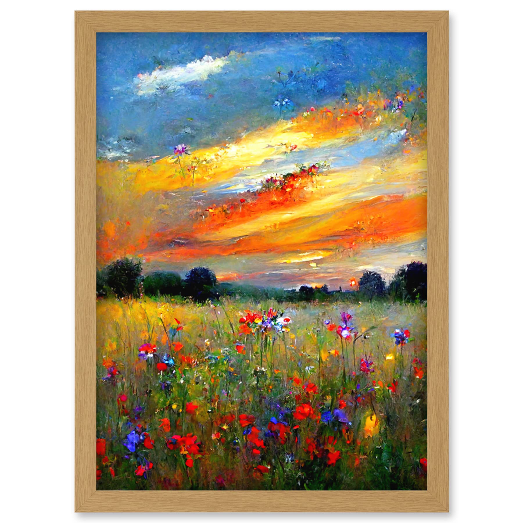Doppelganger33 LTD Sunset Wildflower Peaceful Summer Meadow Oil Painting Artwork Framed Wall Art Print A4