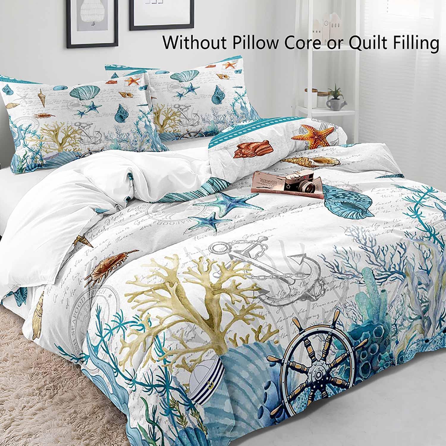LUVIVIHOME 3PCS Nautical Coastal Bedding Set, White Duvet Cover King, Teal Blue Starfish Seashell Conch Coral Seaweed Anchor Rudder Ocean Sea Marine Summer Beach Comforter Quilt Cover, 2 Pillow Cases