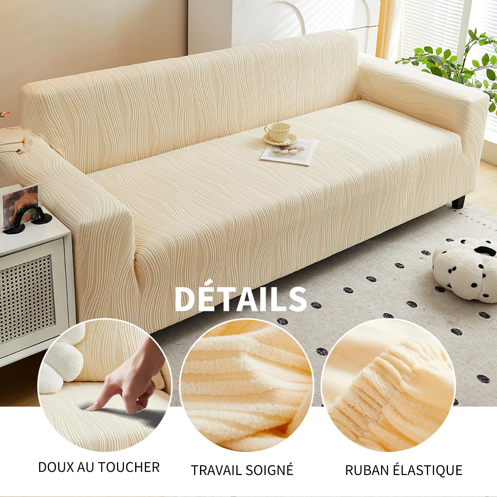 Housse Canape Extensible, Tissu Velours Jacquard Épaissi Housse de Canapé, Antidérapante, Protection Canapé pour Chien Animaux Domestiques, Lavable en Machine (3 siège, Beige)