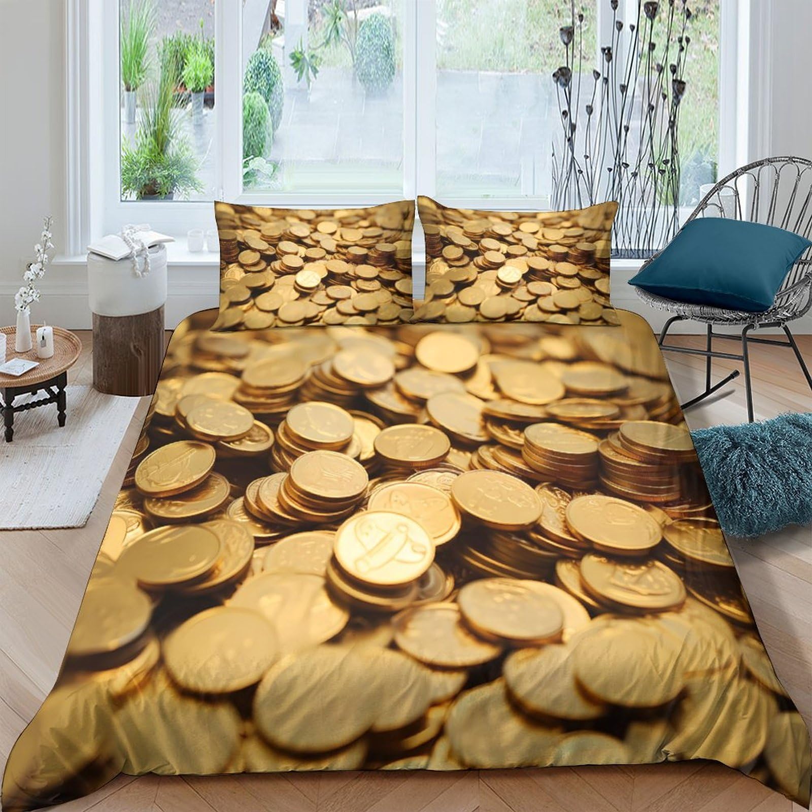 GPLZQXKJNH 3D Printed Gold Coin Duvet Cover Microfiber Soft Breathable Treasure Bedding Set with 2 Pillowcases for Bedroom Decor Single（135x200cm）