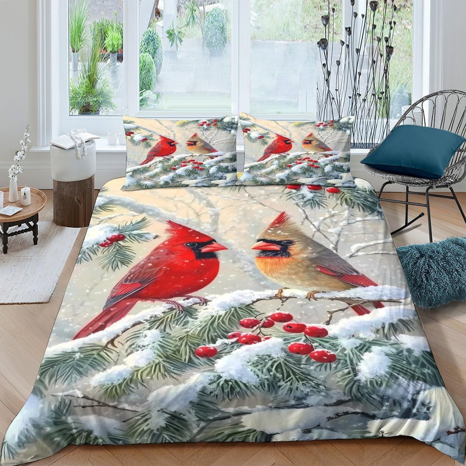 GPLZQXKJNH 3D Printed Cardinal Bird Duvet Cover Microfiber Soft Winter Forest Bedding Set with 2 Pillowcases for Bedroom Decor Single（135x200cm）