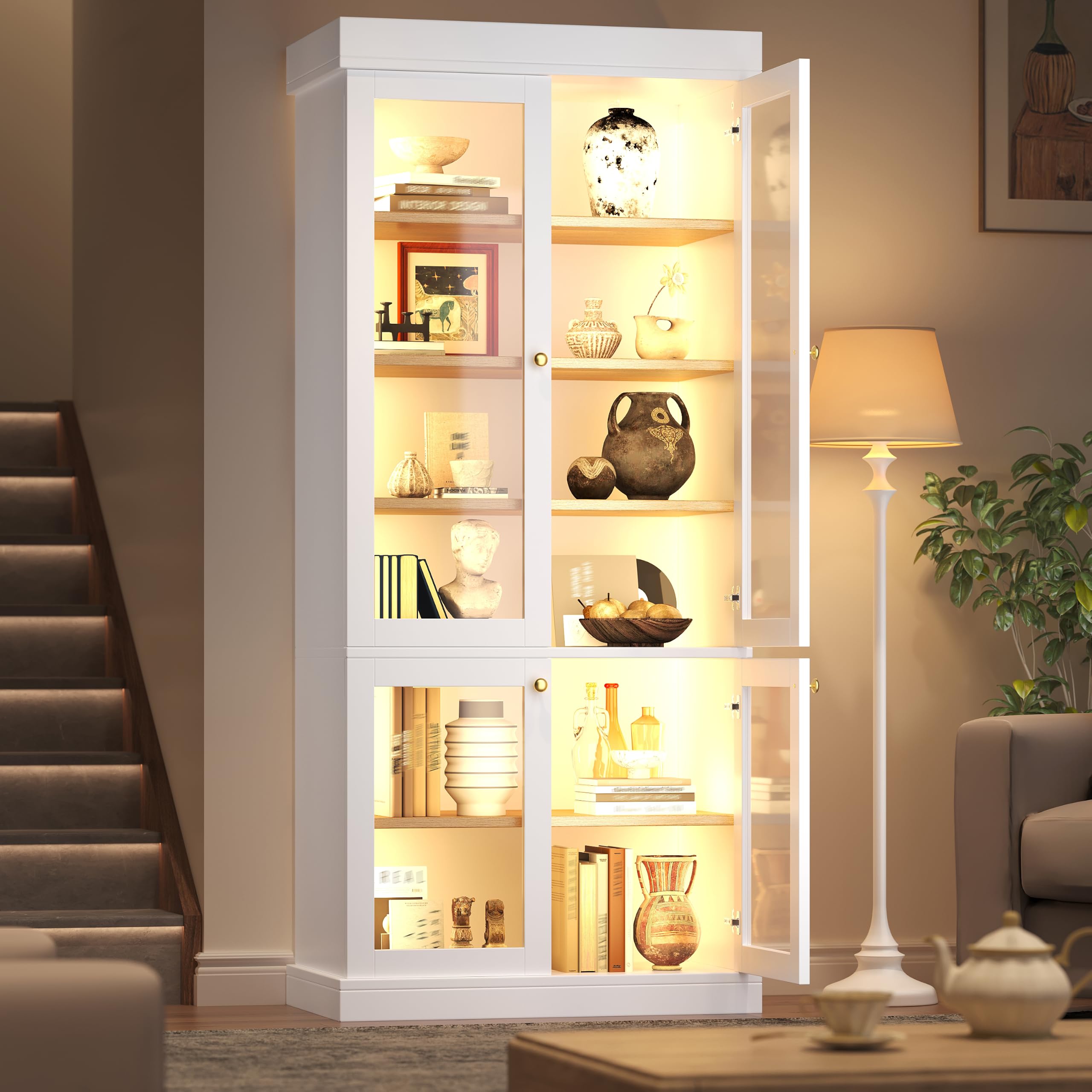 BTM Modern Glass Display Cabinets with Glass Doors & LED Lights, Freestanding Bookcase/Cabinet for Living Room, White