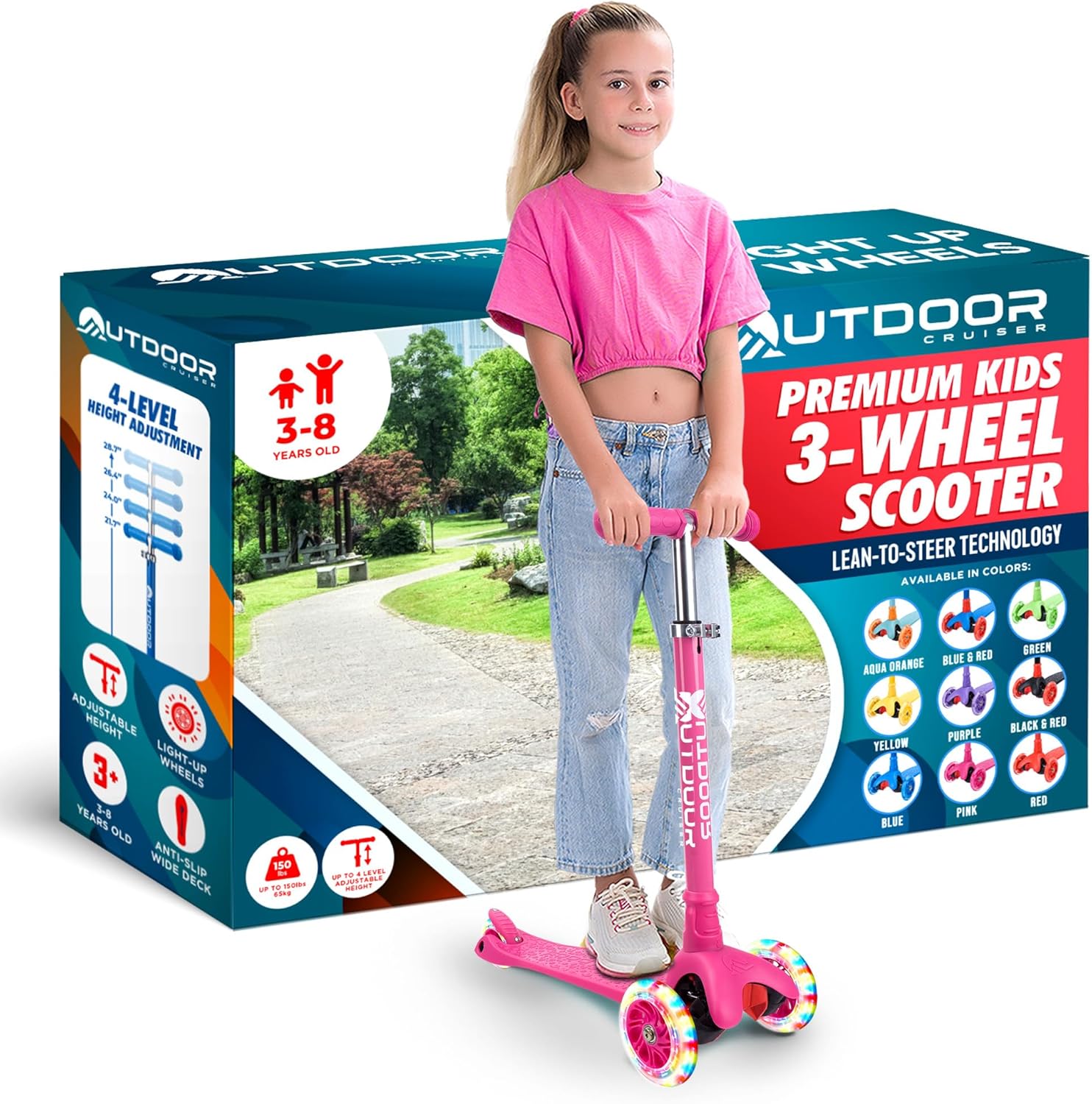 Outdoor Cruiser 3-Wheel Kids Scooter  with Lean-to-Steer Technology, Wide Deck, Led Lighted Wheel, 4-Level Adjustable Height T-bar Handle, Support Kids Up to 150 Lbs, for Boys & Girls Ages 3-8, Pink