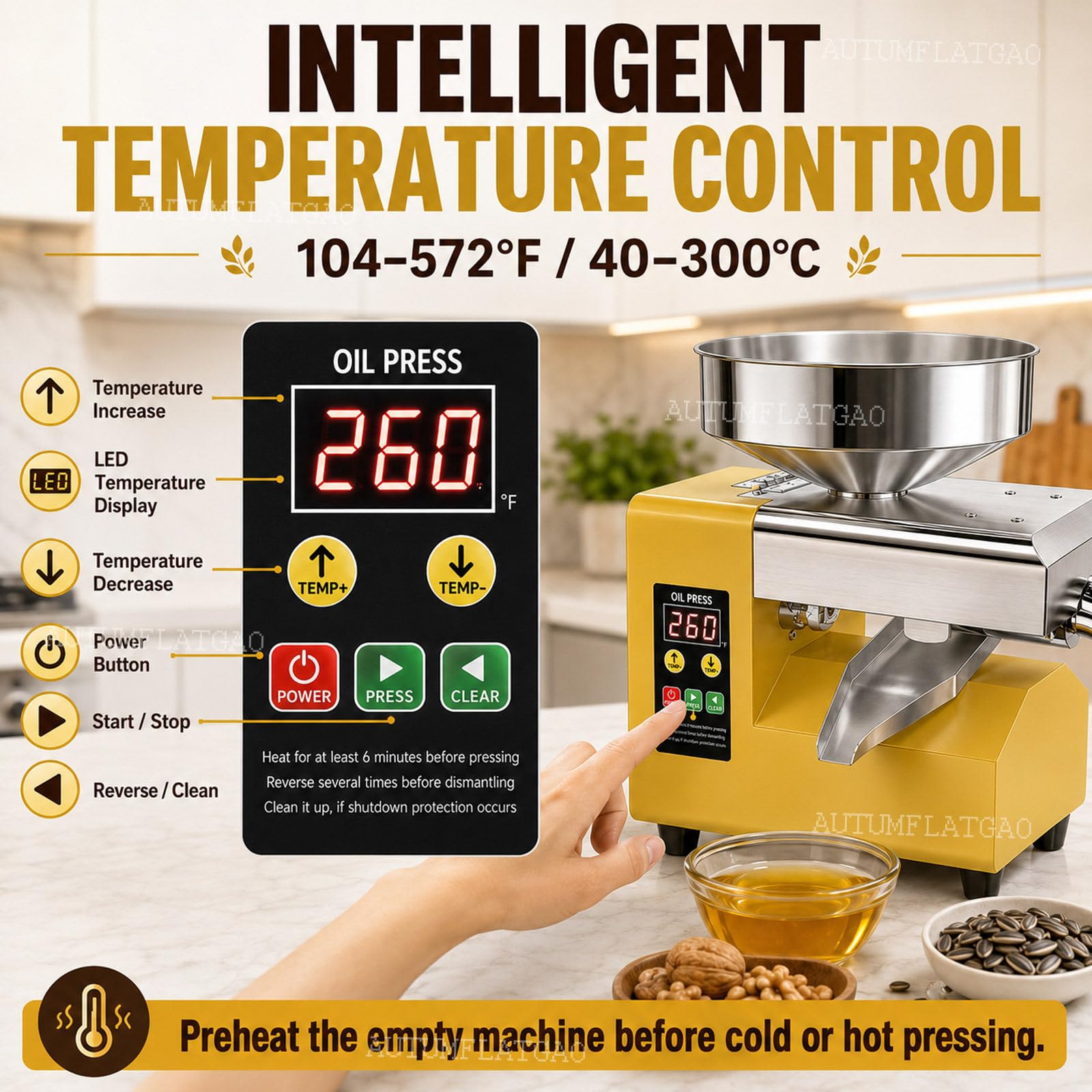 Prensa De Aceite 1500 W, Prensado En Frío Y Caliente Para Nueces Y Semillas | Ajuste De 40–300℃ Para Prensado Suave O En Caliente De Cacahuetes, Sésamo, Girasol, Nueces Y Otras Semillas