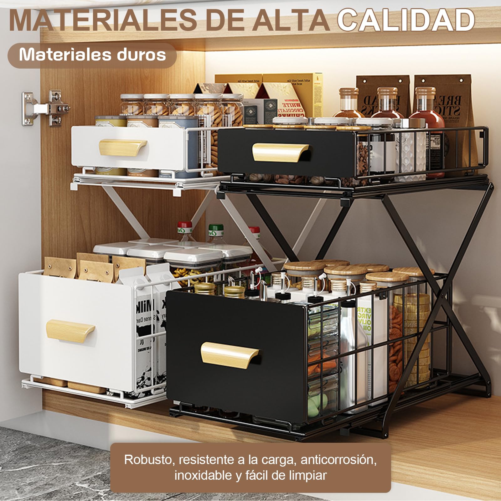 Organizador de cocina plegable de 2 niveles, 26 x 40 x 43 cm, estante para especias, cajón extraíble regulable en altura, organizador para armario que ahorra espacio, para especias, cosméticos, baño