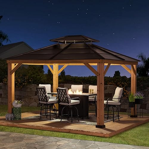 Miniatura 2 de Sunjoy A102008400 - Cenador de 8 x 8 pies, con marco de cedro y techo duro de acero de 2 niveles