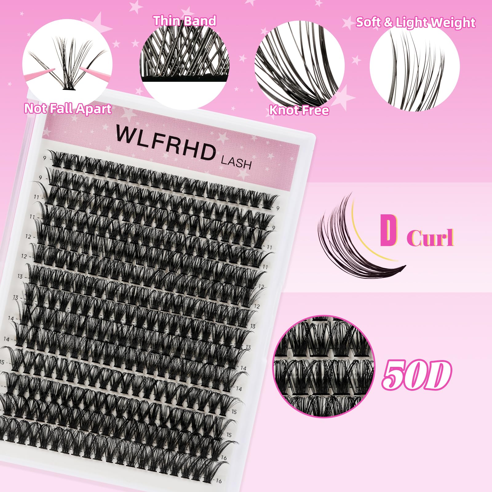 Lash Clusters Kit 280 Pcs DIY Individual Cluster Lashes D Curl Lash Extension Kit with Eyelash Bond and Seal, Remover, Tweezers Applicator Tool for False Eyelash Cluster Kit(50D, Mix9-16mm Kit)