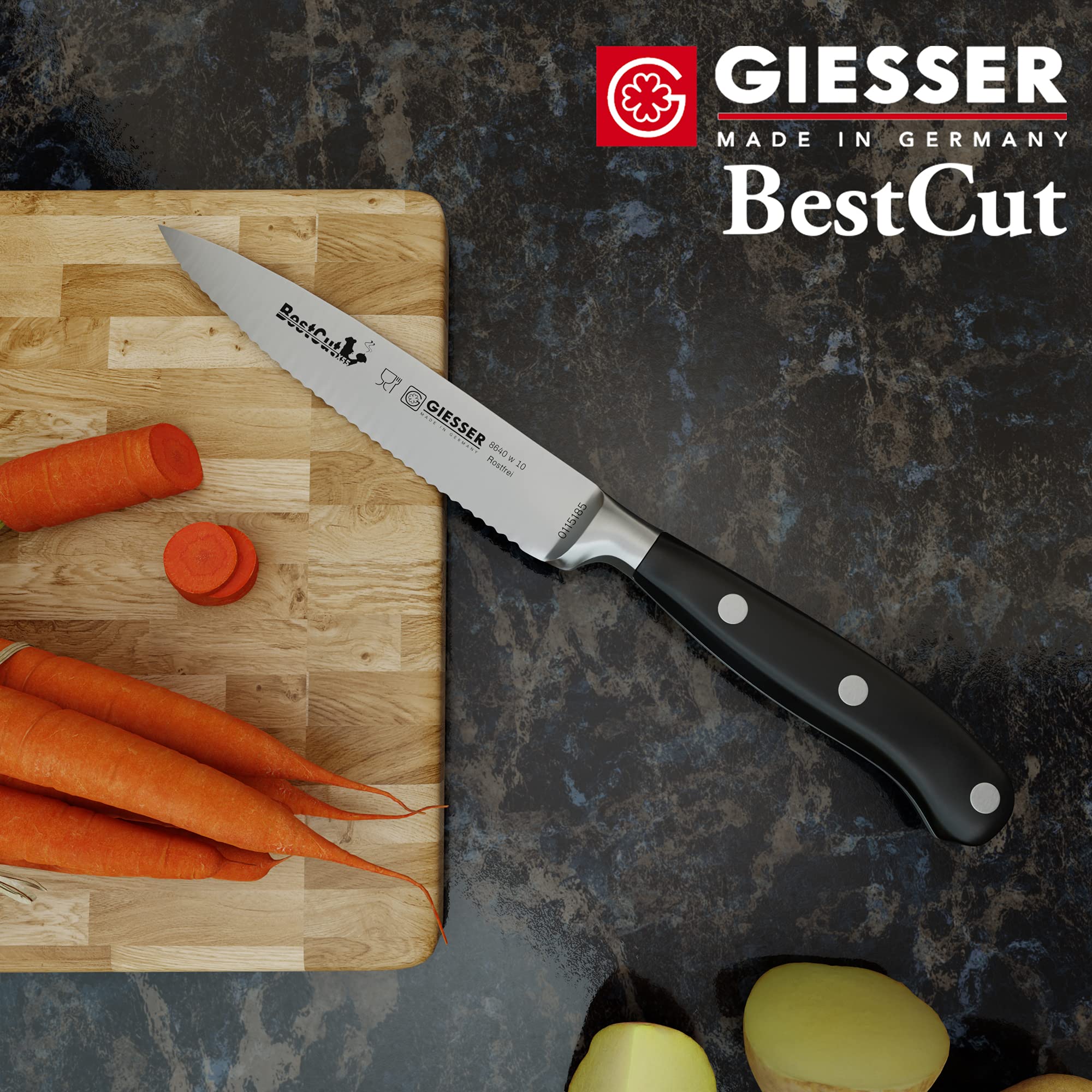 Giesser seit 1776 - Made in Germany - scharfes Officemesser geschmiedete 10 cm Wellenschliff BestCut, hitzebeständig, schwarz, deutsches Spickmesser spülmaschinengeeignet, rostfrei, 8640-w-10