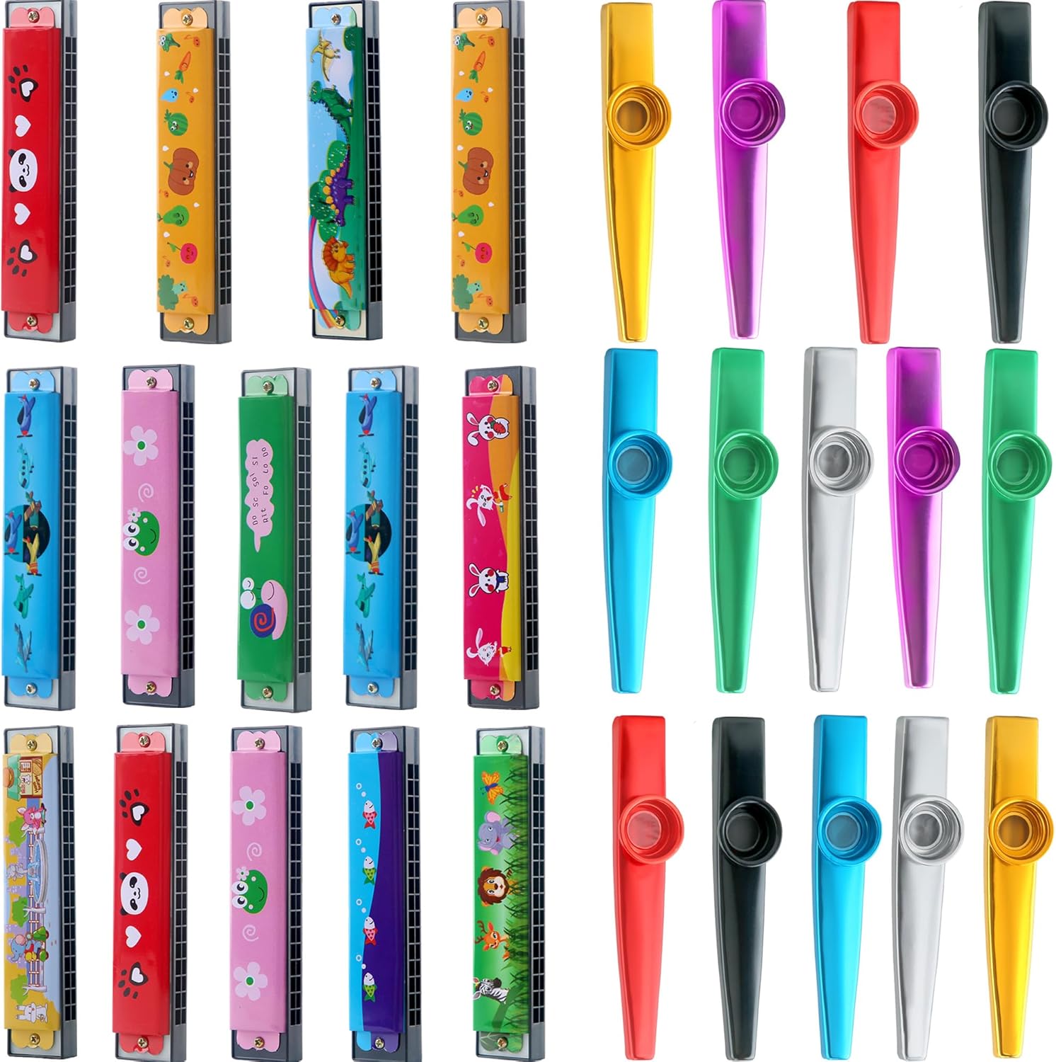 14 Pack Kids Harmonica Toy and 14 Pack Metal Kazoos Cartoon