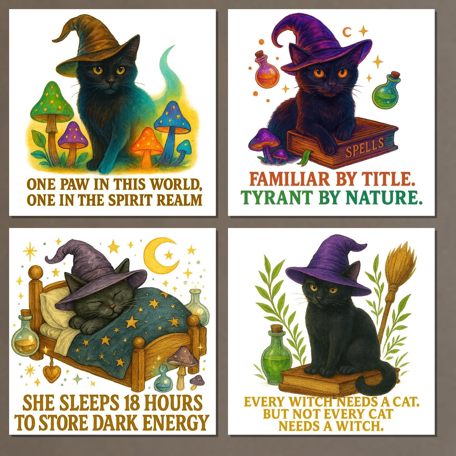 Familiar Cat Magic Fridge Magnets Set ~ Black Cats as Magical Companions with Witty Sarcastic Quotes About Witch Life Spells and Attitude in Colorful Whimsical Fantasy Office Dark Humor