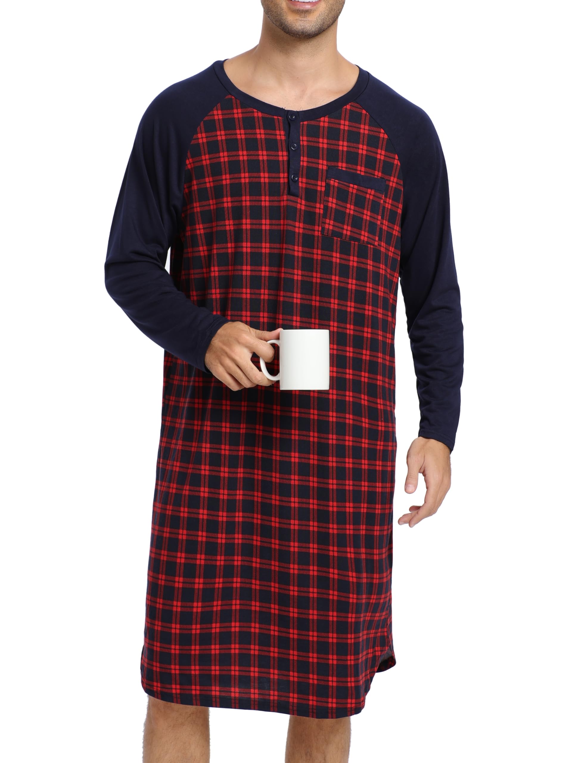 Enjoyoself Herren Nachthemd Langarm Baumwolle Langes Schlafshirt Leicht Luftig Pyjamaoberteil Nachtwäsche für Krankenhaus