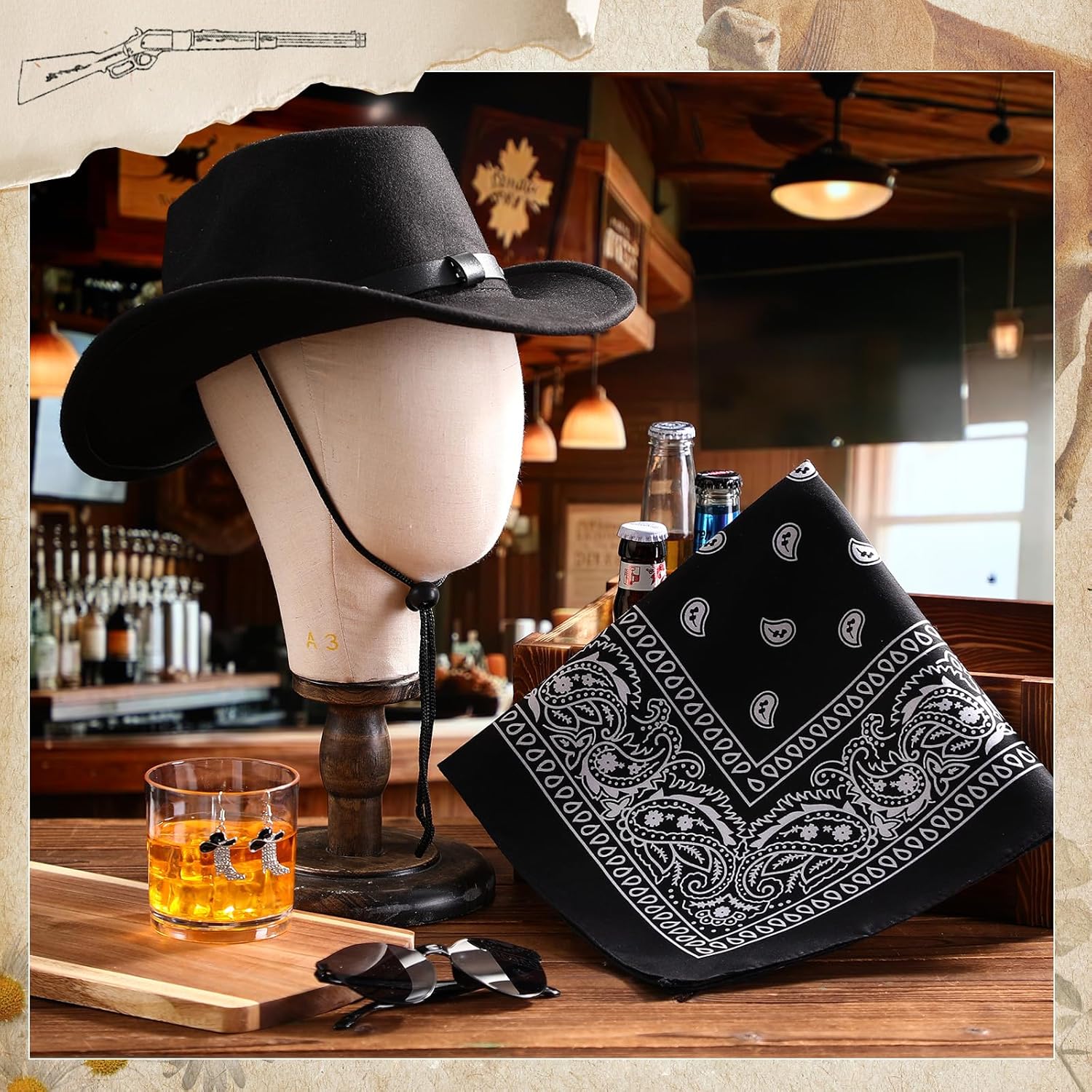 4 Pcs Western Cowgirl Costume Set for Women with Hat, Sunglasses, Bandana, and Earrings Outfit Black - Image 4