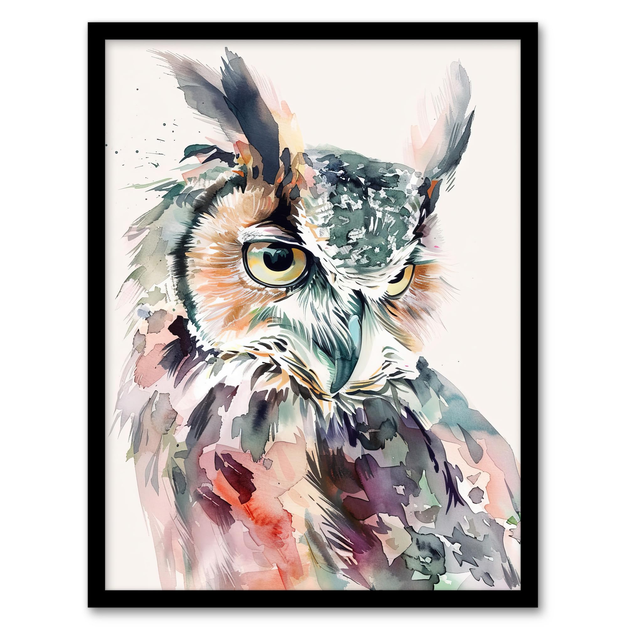 Artery8 Great Horned Owl Portrait Modern Watercolour Living Room Artwork Framed Wall Art Print A4