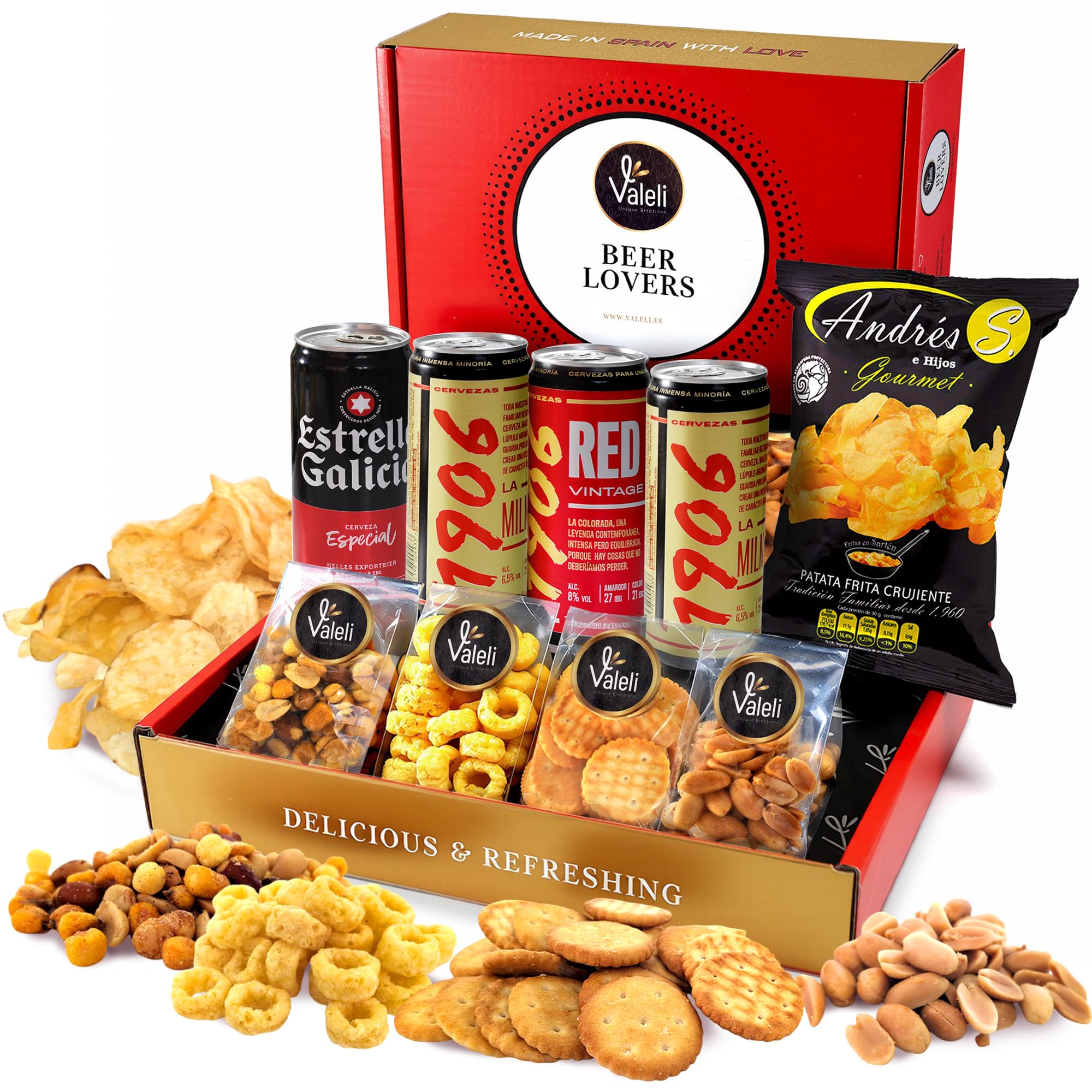 Valeli.Cesta Cervezas Estrella Galicia. Cesta gourmet regalo original con frutos secos y snacks. Regalo para él, ella, amigo, SAN VALENTÍN, cumpleaños, padre, enamorados (ESTRELLA GALICIA)