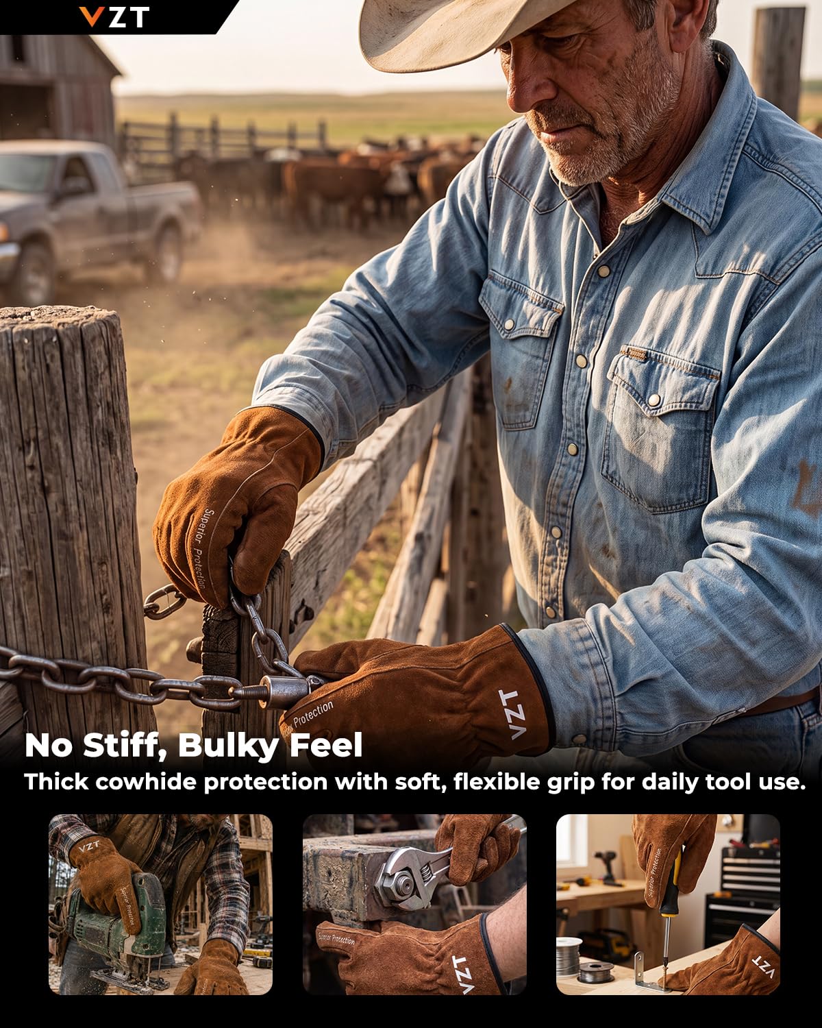 VZT 10 pares de guantes de trabajo de cuero para hombres y mujeres, paquete a granel, agarre suave y duradero, cuero de vaca genuino resistente para conductores de camiones, construcción, soldadura 3