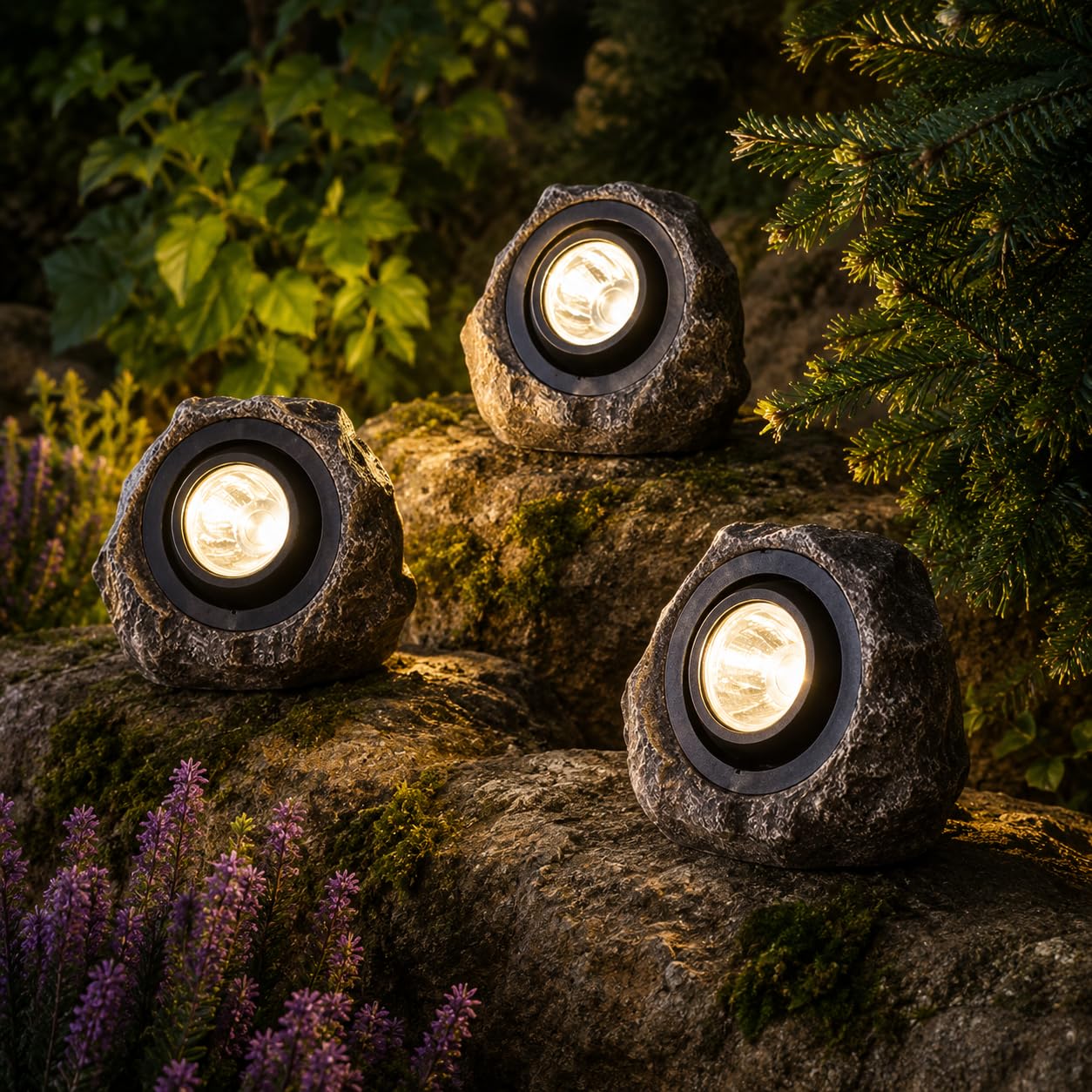 Garden Mile Grey Pack Of 3 Large Rock Solar Lights Outdoor Garden Super Bright 25 Lumen Solar Garden Lights For Pathway Driveway Patio Yard - Waterproof Rock Spotlights For Garden