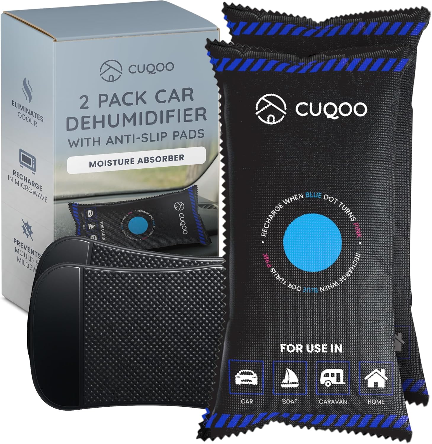 CUQOO Car Dehumidifier Bag – Reusable Moisture Absorber for Car Interior with Anti-Slip Mat – Microwave Reactivated Dehumidifier Bags for Condensation, Damp & Fog