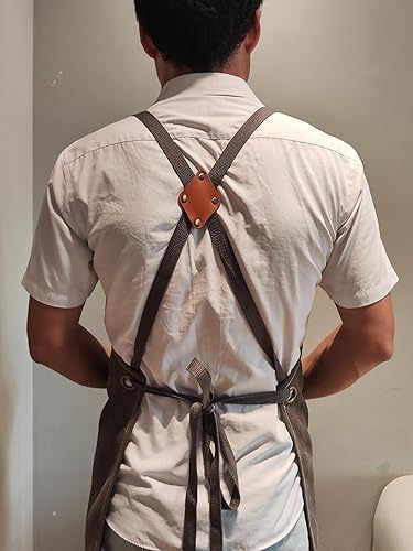 Miniatura 2 de Chef Aprons with Large Pockets for Women Men, Cotton Canvas Cross Back Water Repellent Work Apron with Adjustable Straps for Size M-XXL (Pink+Grey)