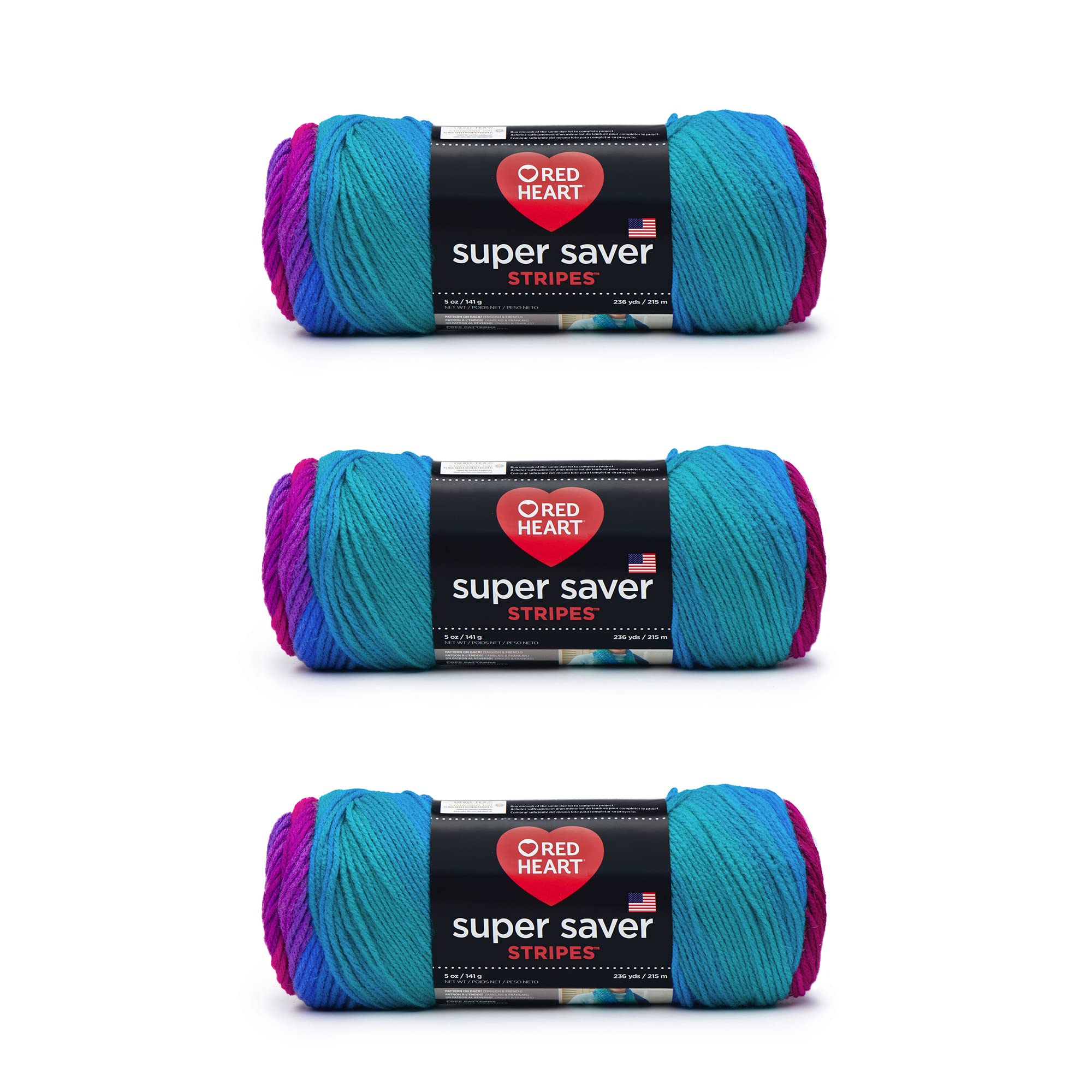 Red Heart Super Saver Yarn, 3 Pack, Polo Stripe 3 Count, Blue, Green, Purple, 236 yards