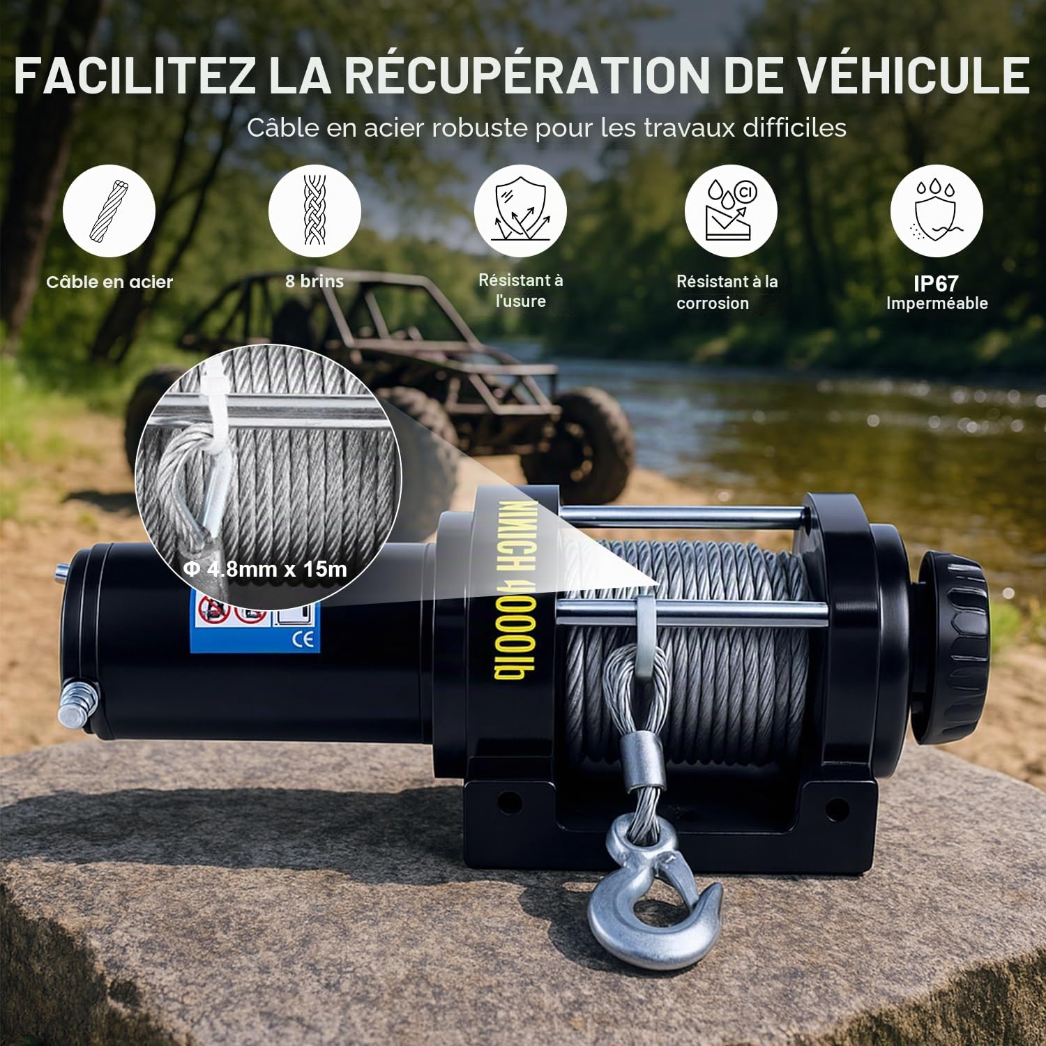 VOBOR Treuil électrique 12 V 4000 lb avec télécommande radio et interrupteur à main, treuil électrique et treuil de levage pour bateau, ATV et chasse (4,8 mm x 15 m)
