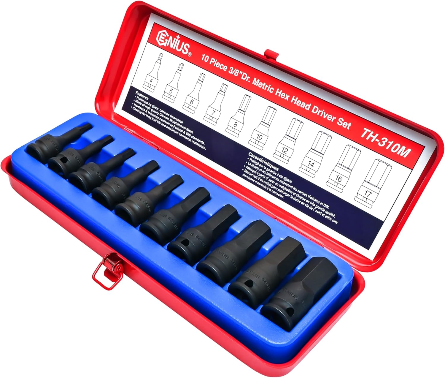 GENIUS TOOLS 10 Piece 3/8" Dr. Metric Hex Impact Bit Socket Set TH-310M