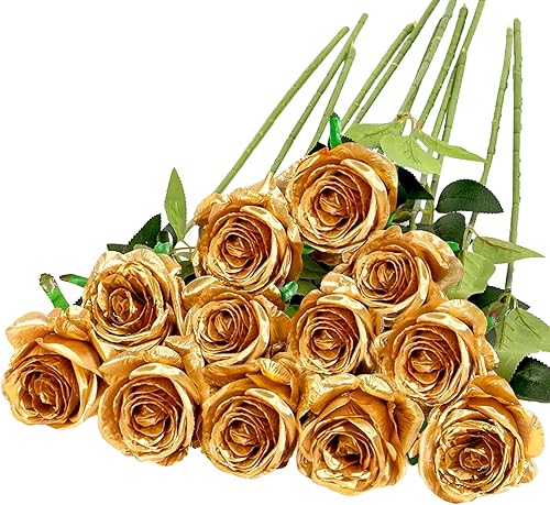 Hawesome 12 flores artificiales de seda ramo de rosas realistas tallo largo para decoración del hogar boda fiesta dorado